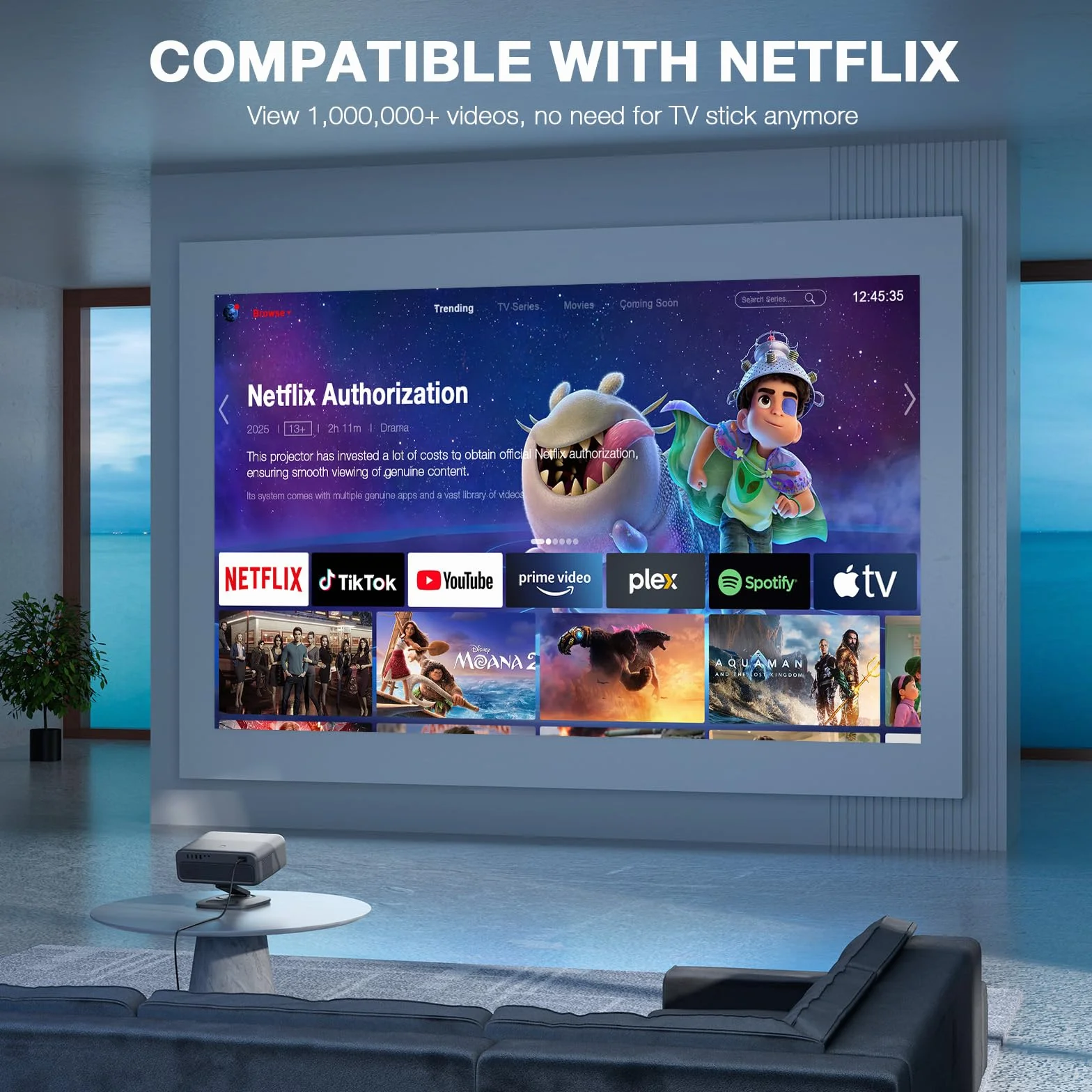 [Oficjalnie licencjonowana aplikacja i 2500ANSI] Projektor 4K z WiFi i Bluetooth, 3D Dolby Audio i Auto Focus, projektor kina domowego na zewnątrz, z regulowanym stojakiem (szary)
