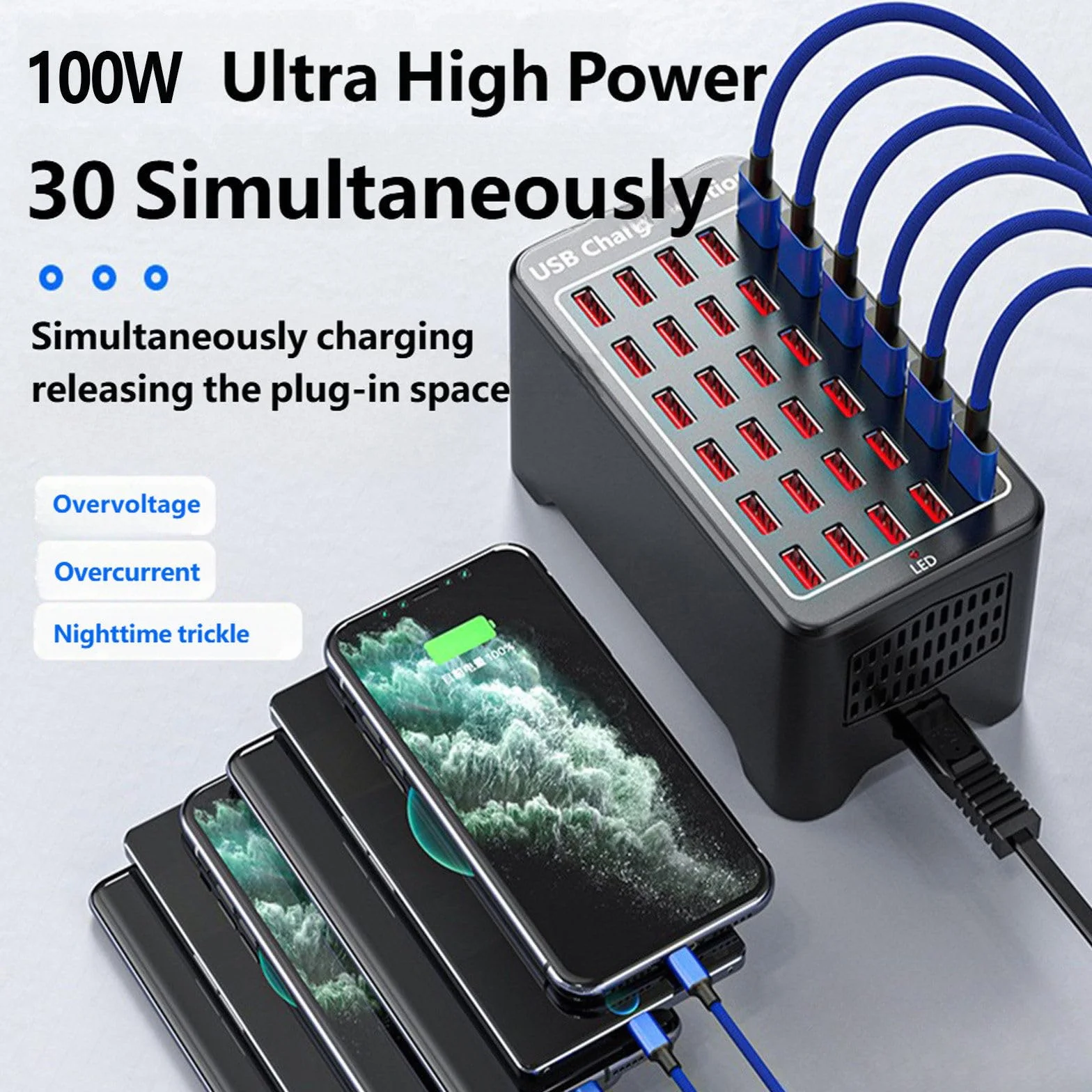 Stacja ładująca USB z 10 portami 2,4 A, ładowarka, szybkie ładowanie 2,5 godziny, łatwe przenoszenie, kompatybilna ze wszystkimi urządzeniami USB 100W
