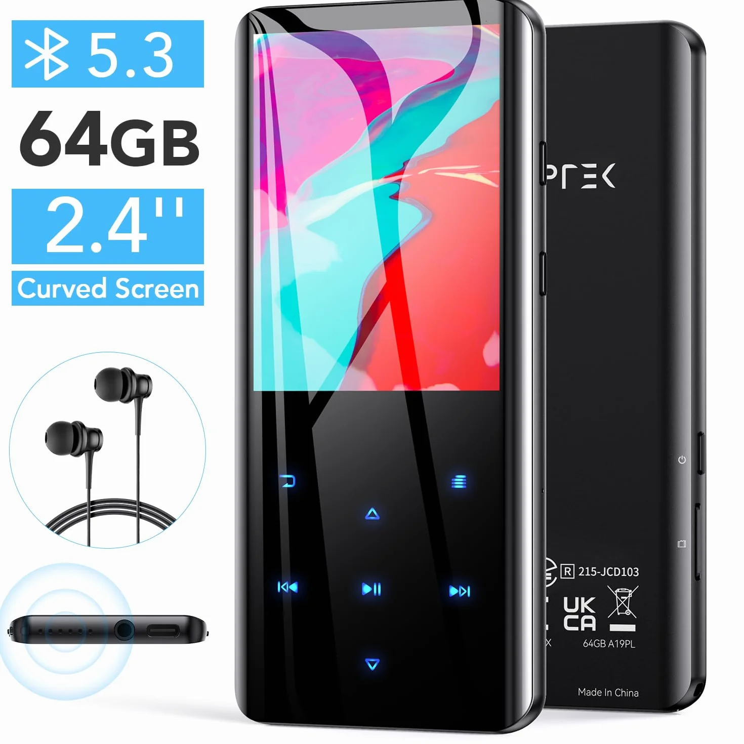 AGPTEK Odtwarzacz MP3 64 GB, Bluetooth 5.3, kolorowy ekran TFT 2,4 cala, muzyka HiFi z głośnikiem, przyciski dotykowe, radio FM, e-book, nagrywanie, timer snu, obsługa do 128 GB, czarny