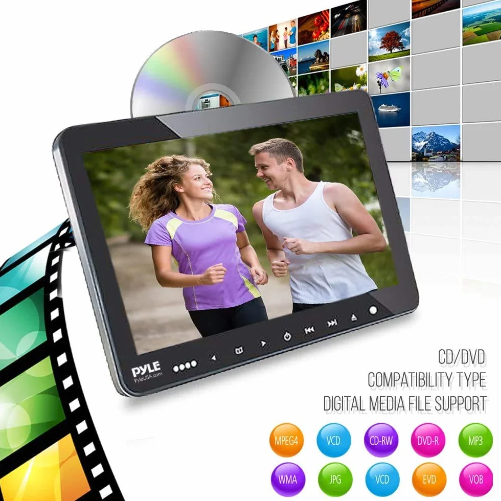 Pyle Podwójny odtwarzacz DVD na zagłówek samochodowy 9,4", multimedialny wyświetlacz LCD z bezprzewodowymi słuchawkami, HDMI, USB/SD, odtwarzacz CD/DVD, uniwersalny uchwyt i pilot zdalnego sterowania