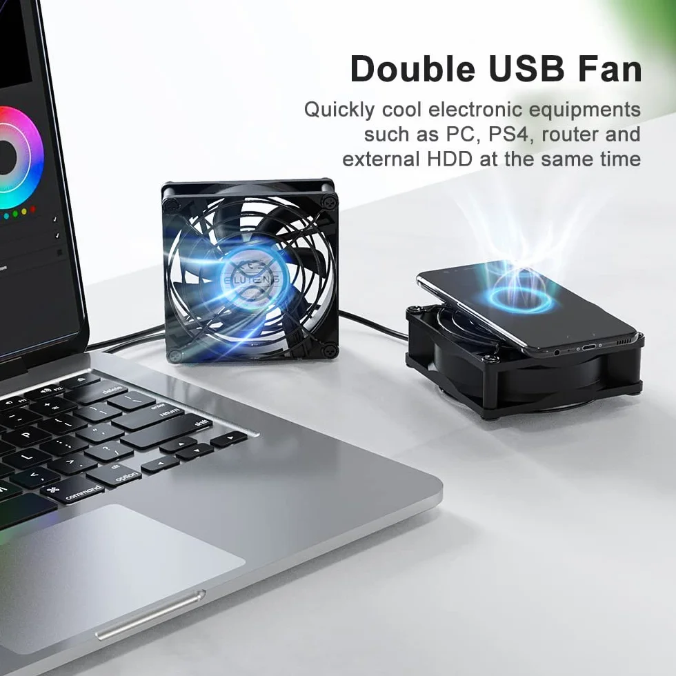 ELUTENG Podwójny wentylator PC USB 80 mm z 3 prędkościami regulacji, 8 cm, wentylator komputerowy L, USB 2 w 1, mini wentylator PC z metalowym grillem, 5 V, wentylator 2700 obr./min