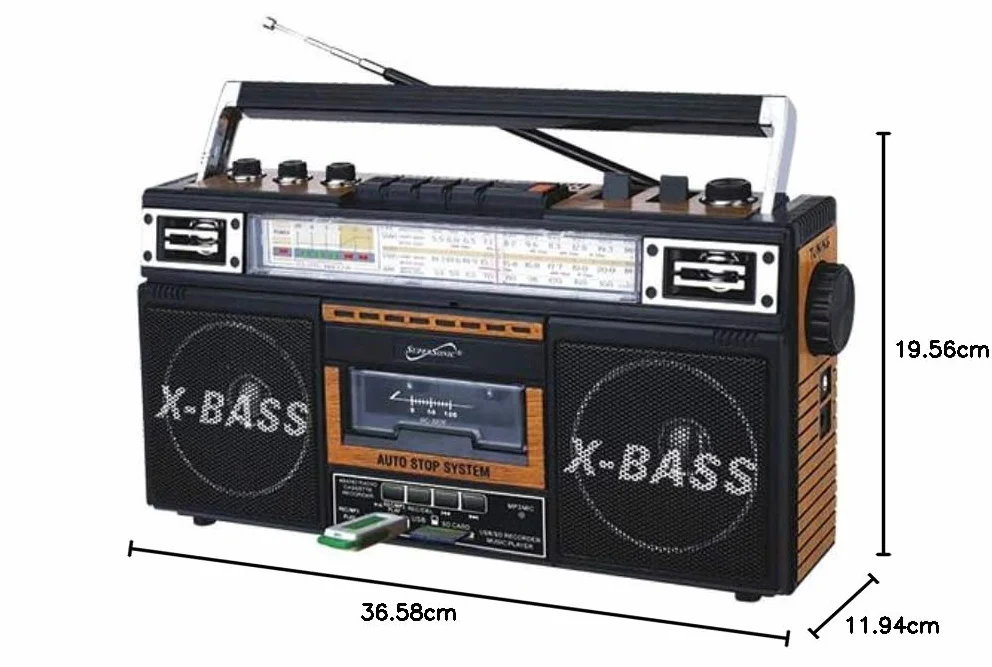 Supersonic SC-3201TBTWOD Bluetooth Retro 4 Band Radio Cassette USB Wood