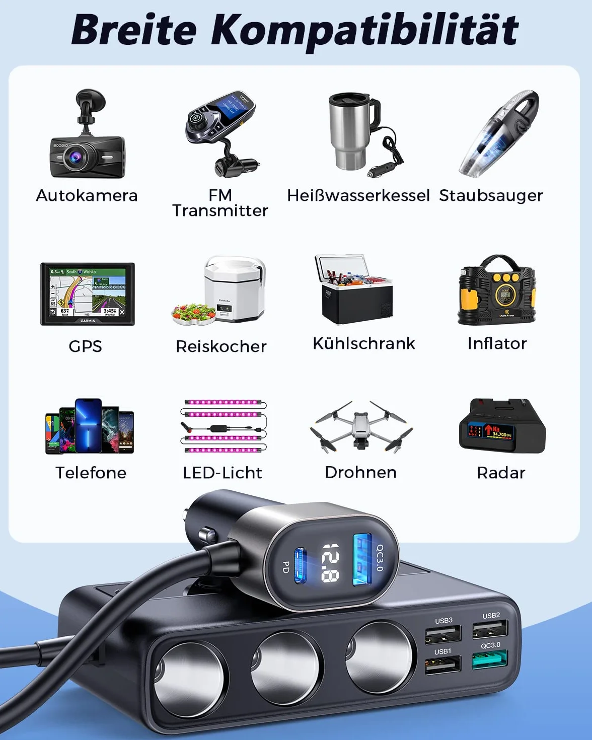 JOYROOM Rozdzielacz zapalniczki, adapter do ładowarki samochodowej 154 W, 3-komorowy rozdzielacz kabla ładującego 12 V/24 V z 5 portami USB do iPhone'a 15/iPada/Dashcam/GPS/ogrzewania siedzenia