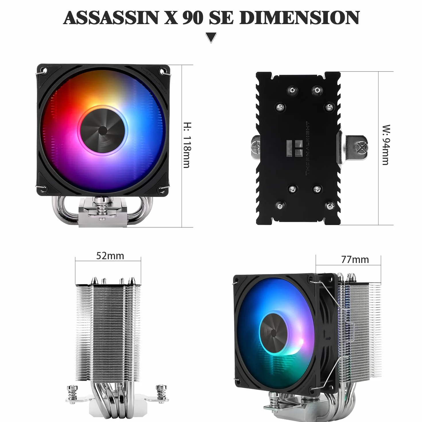 Thermalright Assassin X 90 SE ARGB wentylator chłodzący CPU, 4 rury cieplne, wentylator TL-P9-S PWM ARGB, radiator komputerowy, CPU, technologia AGHP 4.0, do AMD AM4 AM5/Intel LGA 1150/1151/1200/1700