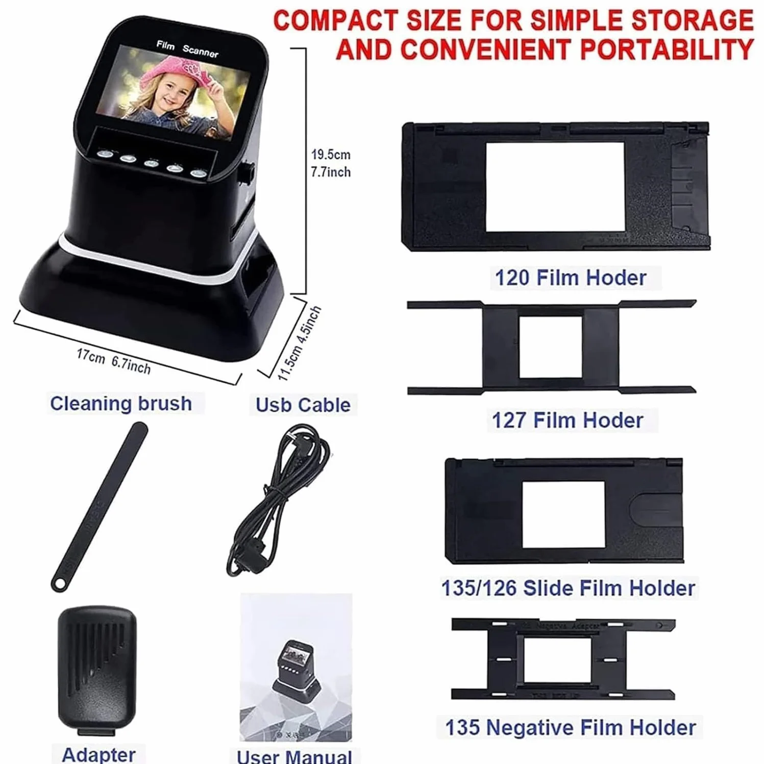 Cyfrowy skaner folii o wysokiej rozdzielczości 120 obsługuje 5 rozmiarów folii 120 z wyświetlaczem LCD 1080p, konwertuje 35 mm, 135, 126, 127 negatywów i slajdy na cyfrowy