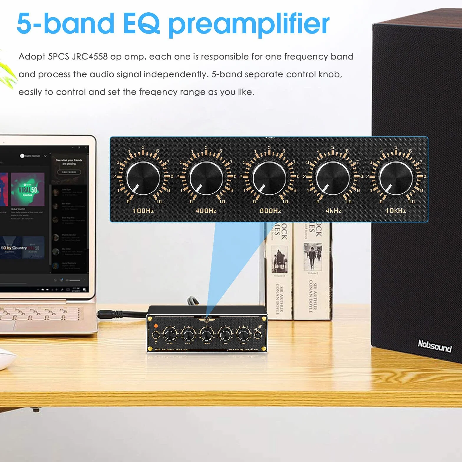 Douk Audio EQ5 mini przedwzmacniacz 5-pasmowy EQ przedamp stereo, analogowy equalizer, przenośny procesor audio do domu/samochodu (EQ5)