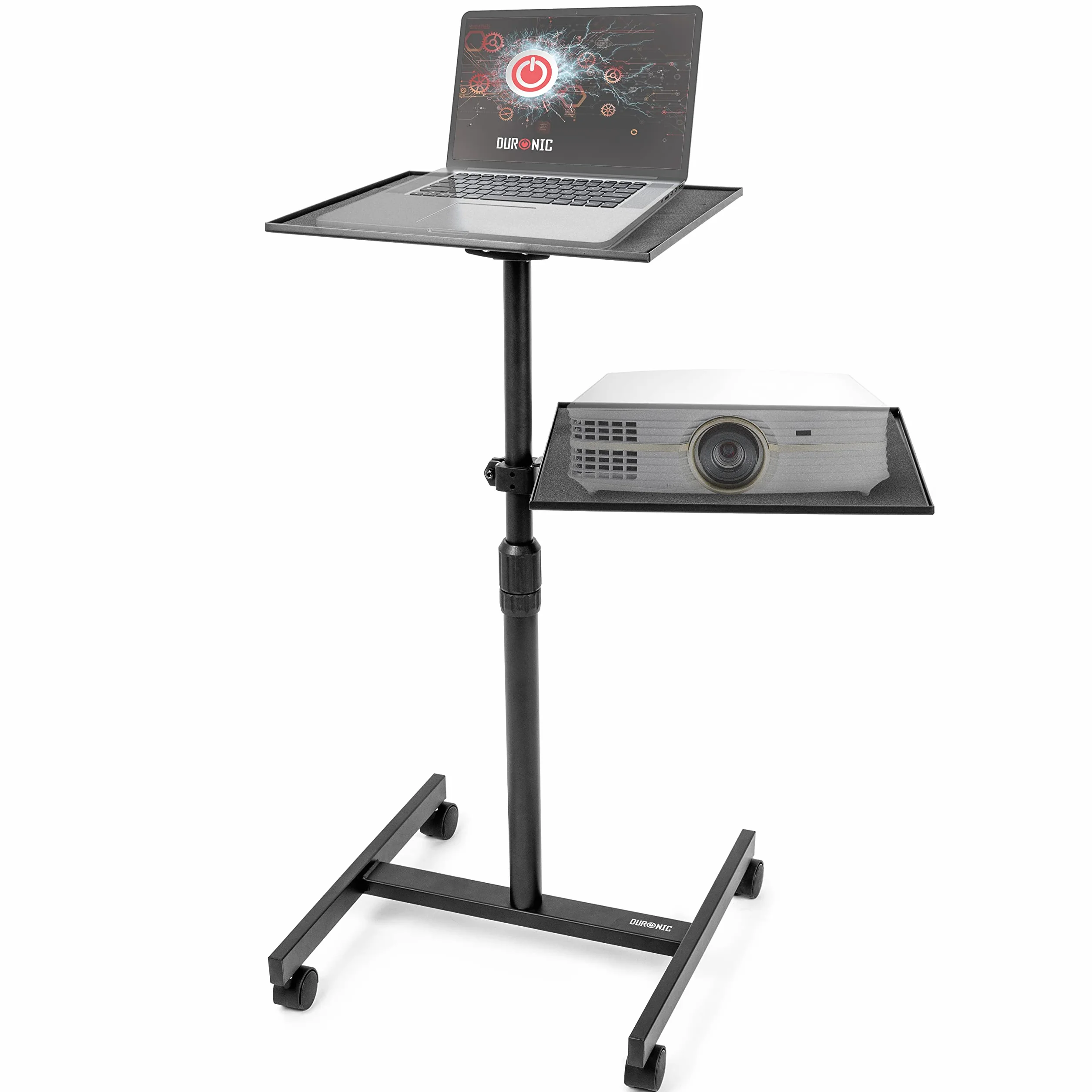 Duronic WPSLS2 Biurko mobilne z regulacją wysokości na laptop i projektor / rzutnik z kółkami i blokadą | Mównica | dwie półki | uniwersalny statyw do projektora / rzutnika