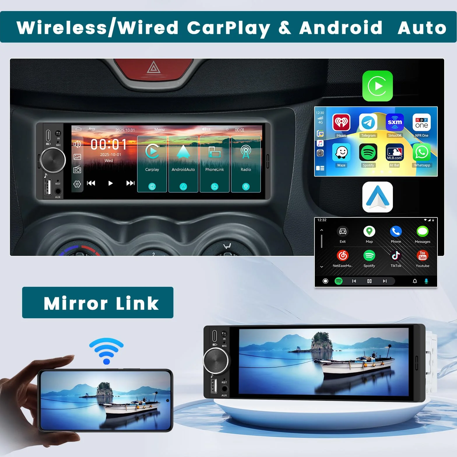 Hikity Radio samochodowe Bluetooth 1 DIN z bezprzewodowym Carplay Android Auto, 1 Din Radio z ekranem dotykowym 6,28", Lien Miroir, radio FM, typ C, 2USB, SWC, EQ, kamera cofania, MIC