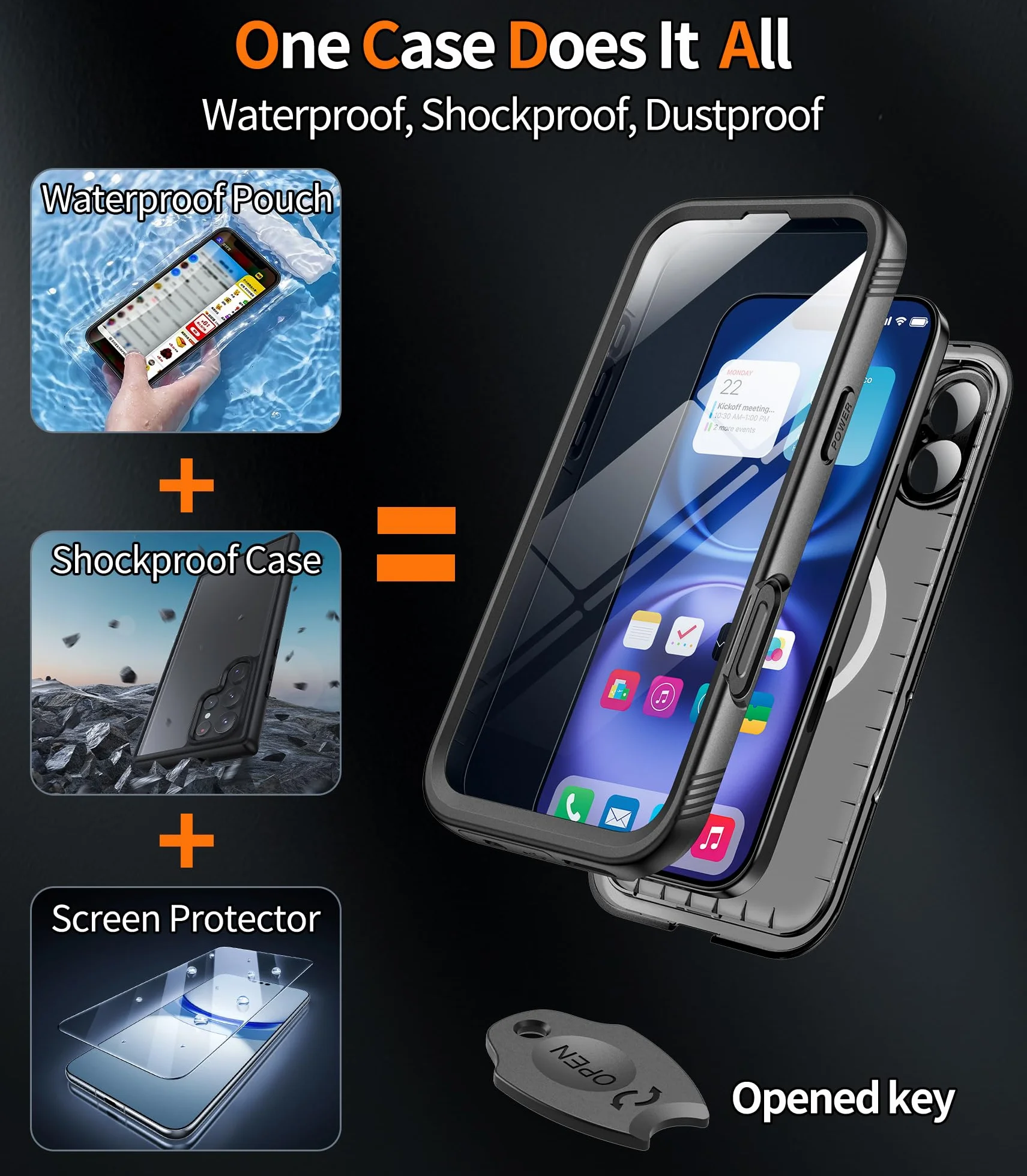 Cozycase Wojskowe Pancerne Etui do iPhone 11 Pro Wodoszczelne IP68 360 Case Z Pełna Ochroną Ekranu i Aparatu Smycz Obudowa Full Dwustronne 11Pro Waterproof Cover Czarny