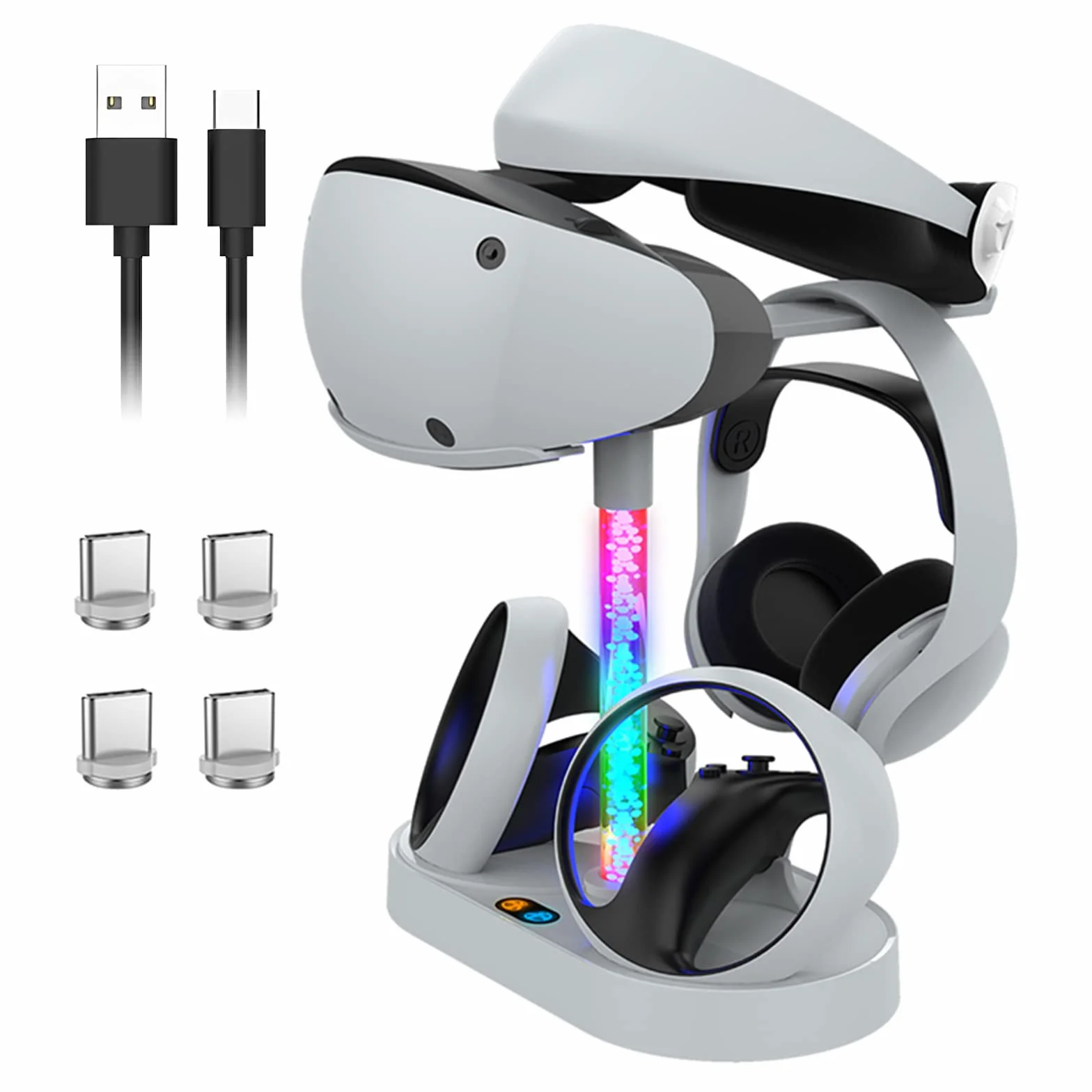 Sterowniki VR stacja ładująca kompatybilna z PS VR2, zestaw słuchawkowy i kontrolery, pionowa podstawa do przechowywania z 10 trybami oświetlenia RGB
