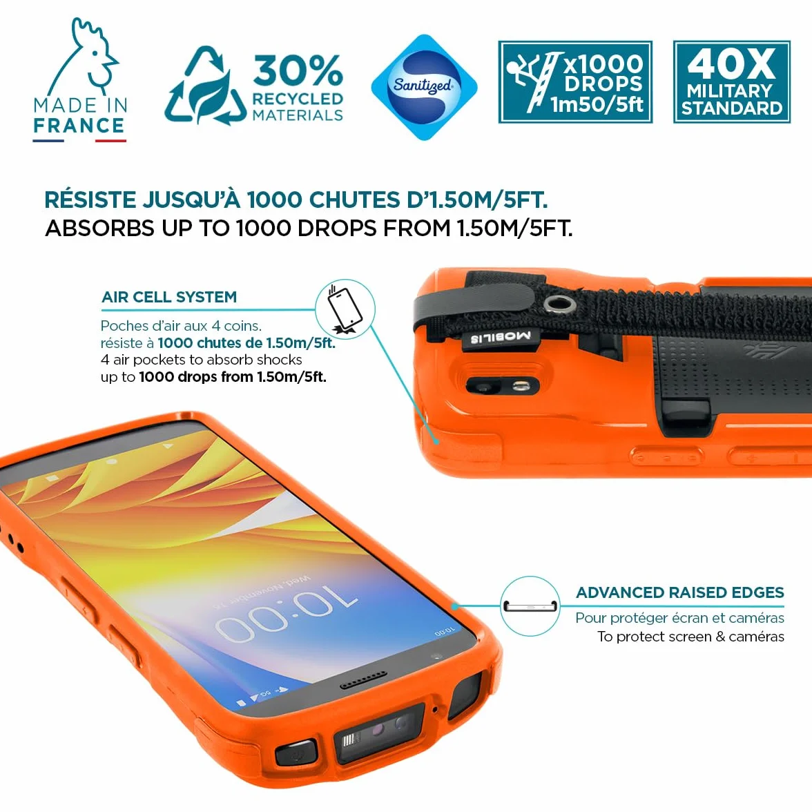 Mobilis Etui ochronne dla Zebra TC22 TC27 z zabezpieczeniem przed upadkiem na nadgarstek i uchwytem na długopis, etui w jakości militarnej, żywe kolory neonowe zapewniają wysoką widoczność i