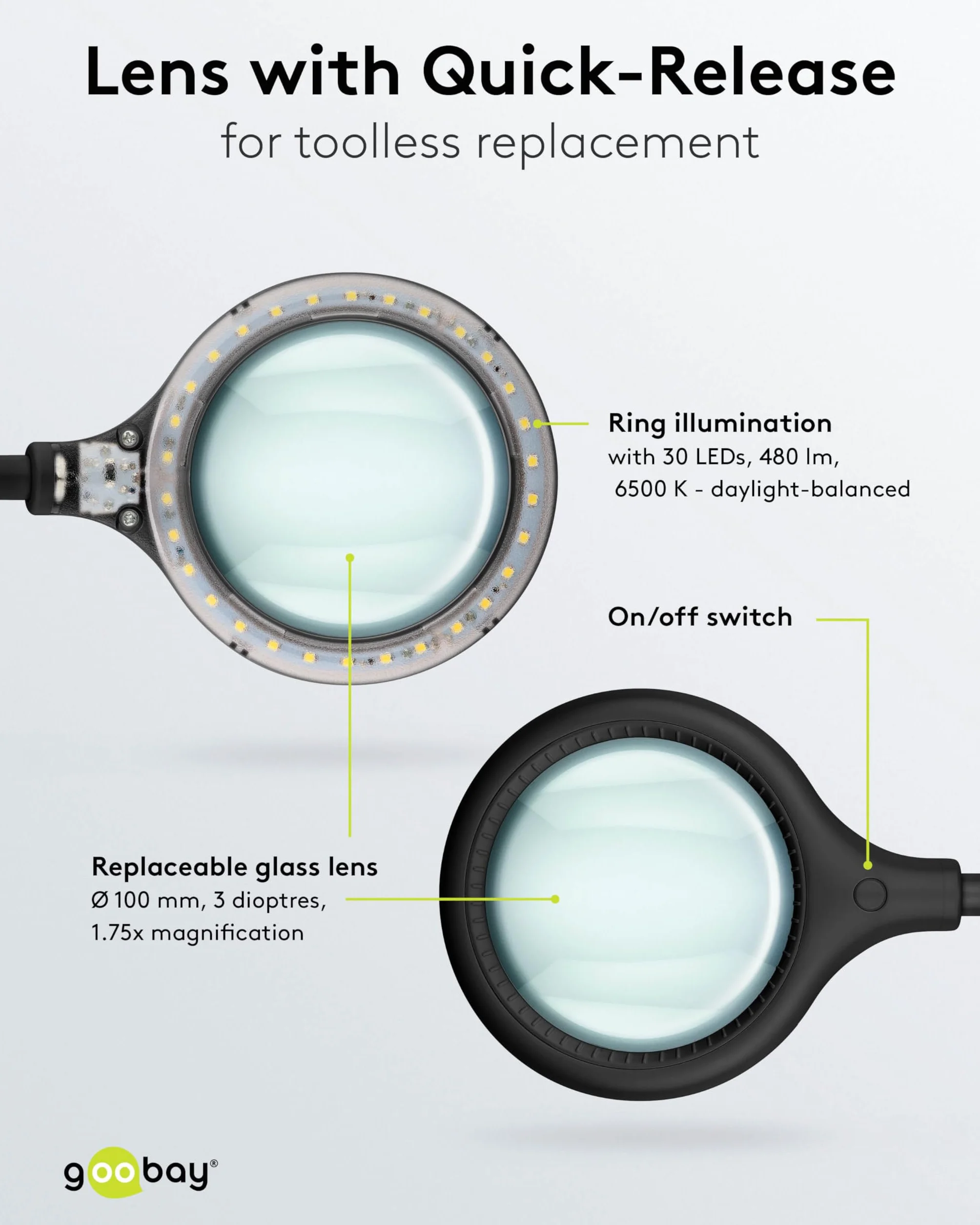 Goobay 65577 LED lampa z lupą z zaciskiem/lupą z tworzywa sztucznego/pobór mocy 6 W, temperatura barwowa 6200 K/strumień świetlny 480 lm/napięcie robocze 230 V (AC) / czarna