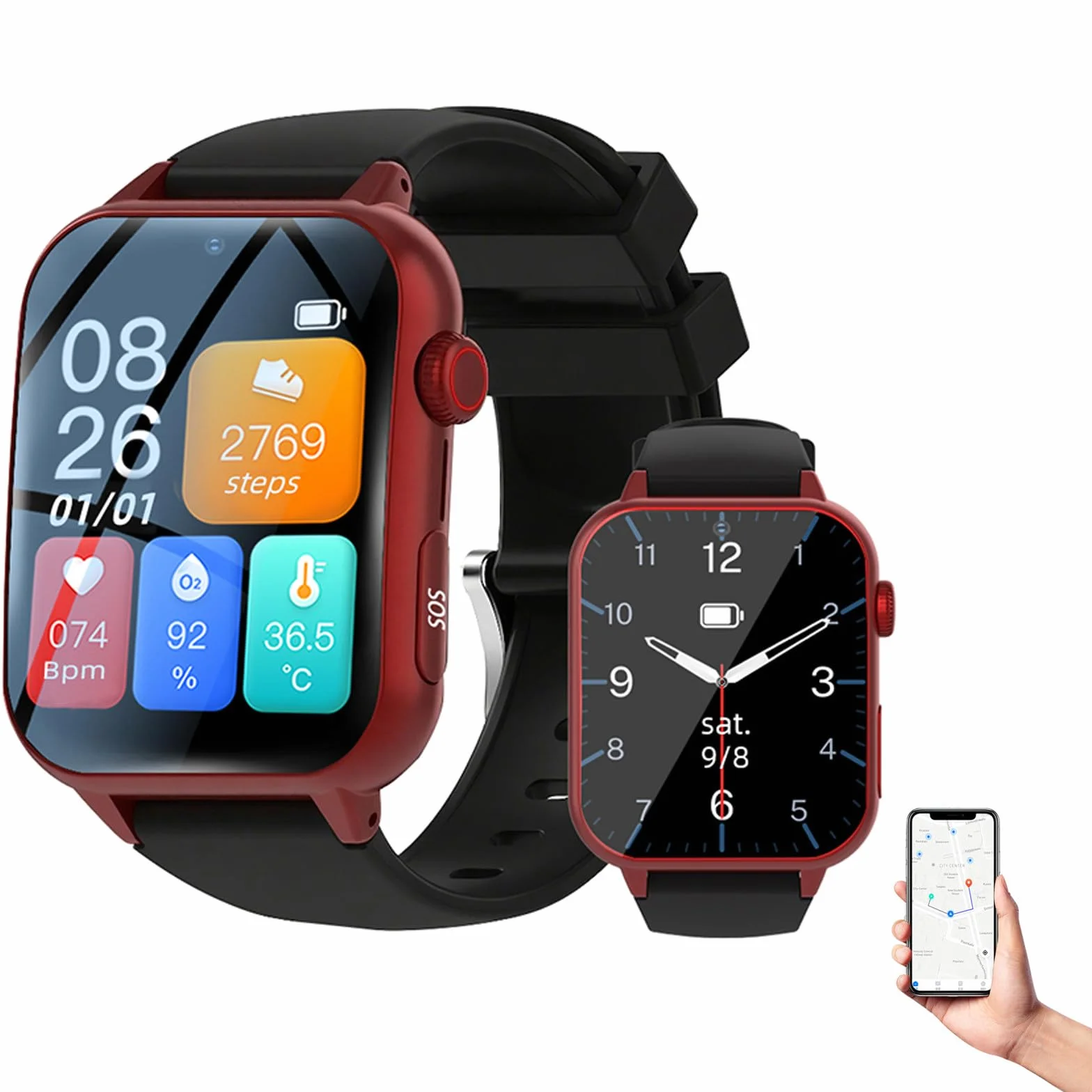 Zegarek z alarmem osobistym dla seniorów, lokalizator GPS, smartwatch z lokalizacją, wibracjami i dzwonkiem, podwójne przypomnienie A80-Red