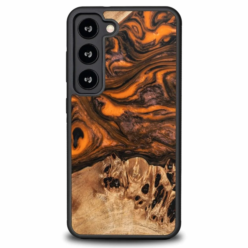 Unikalne etui kompatybilne z Samsung Galaxy S23, ręcznie wykonane etui ochronne z naturalnego drewna i żywicy, pomarańczowe, odporne na uderzenia, antypoślizgowe, kompatybilne z MagSafe