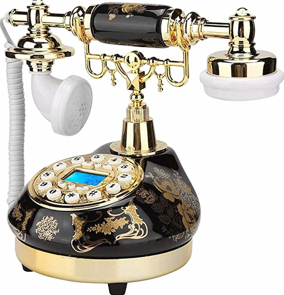 Vintage Retro Telefon Ceramiczny, Czarny i Złoty Kwiatowy Design Antyczna Dekoracja Domu Telefon Biurowy