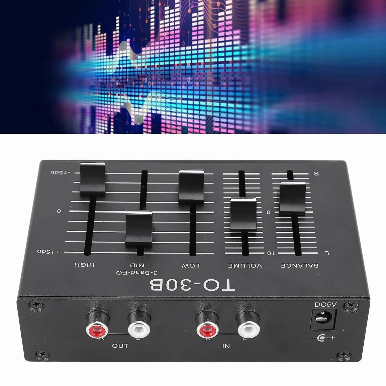 3-pasmowy korektor kanału dźwiękowego, stereofoniczny korektor, regulacja głośności wysokich, średnich i basowych, wyjścia/wejścia RCA, dla elektroniki, gramofonów i gitar.