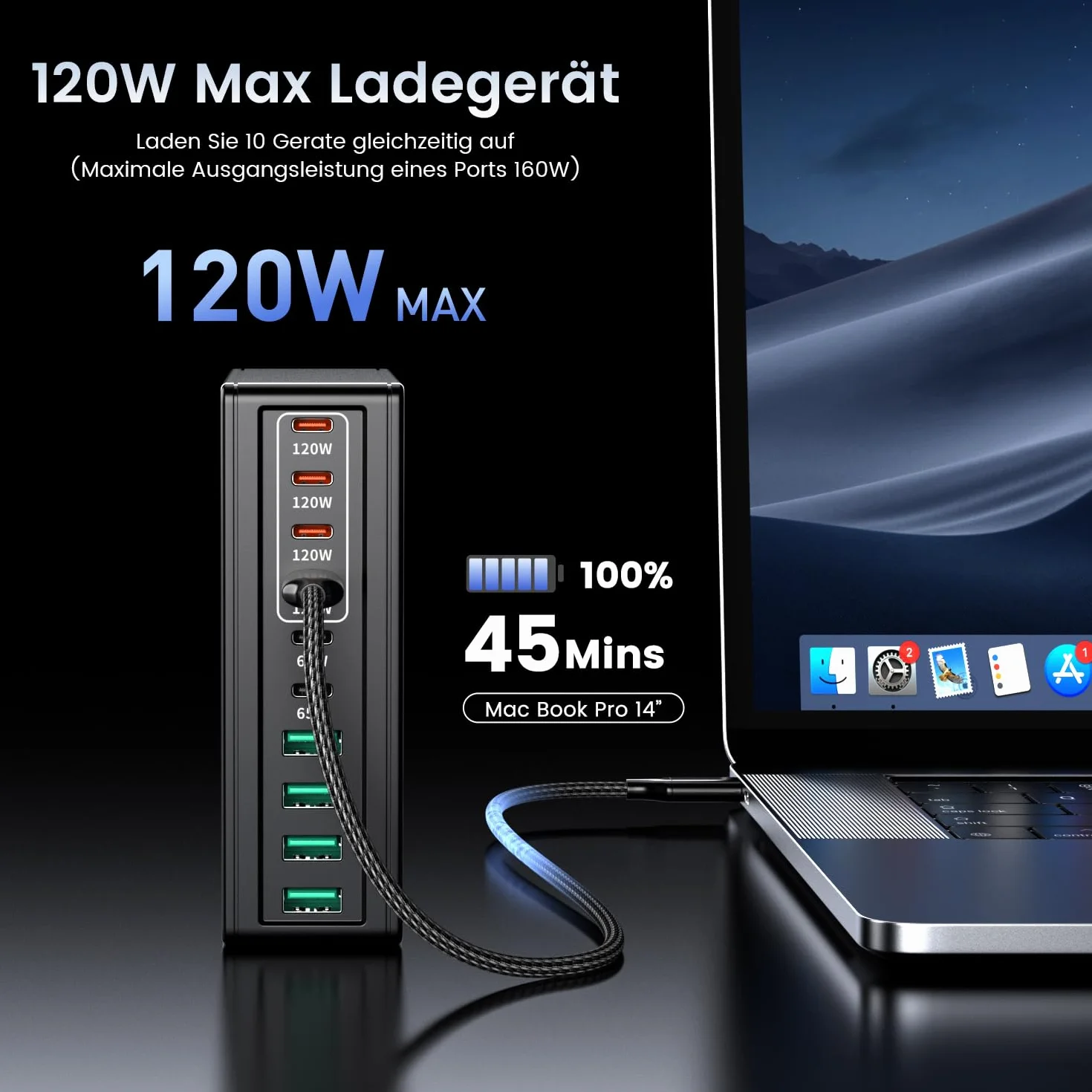 Ładowarka HSSNS 700 W USB-C, szybka ładowarka z 10 portami, 6 portami USB-C i 4 portami USB-A, wielofunkcyjna ładowarka ścienna GaN z funkcją PD i PPS do komputerów MacBook, serii iPhone itp