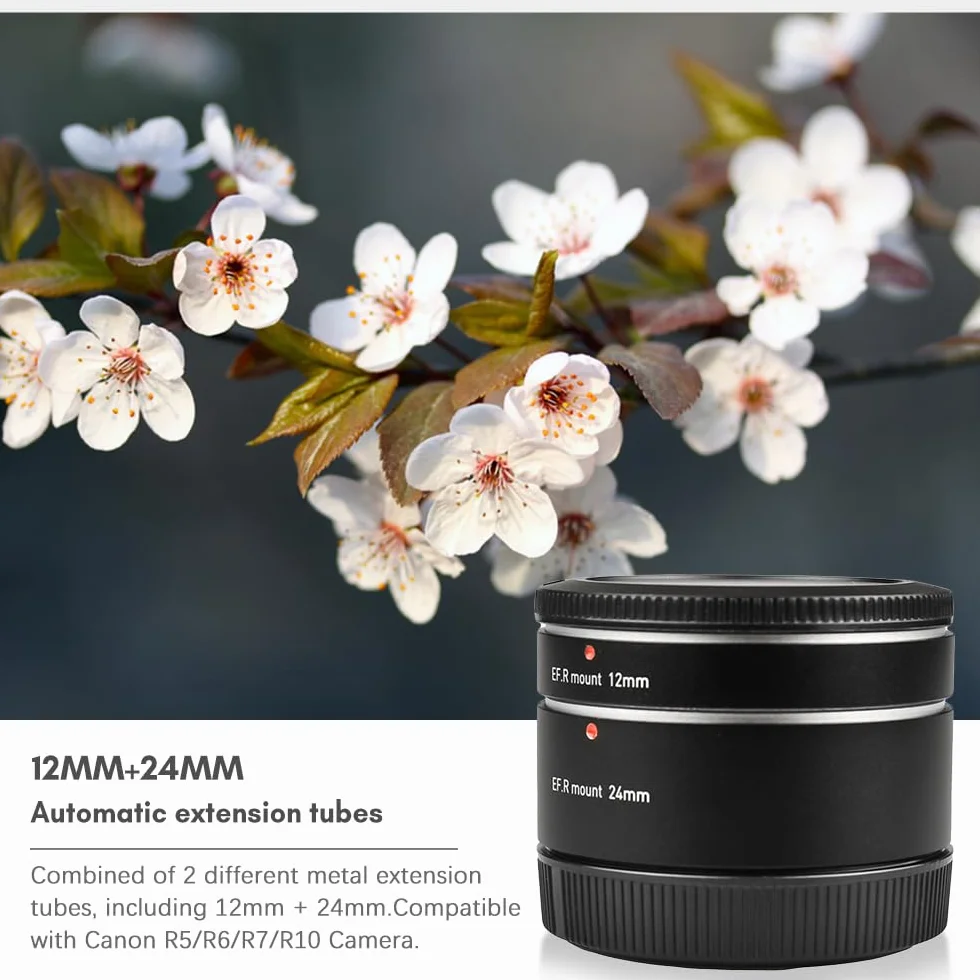 Automatyczne rurki przedłużające 12 mm + 24 mm R Mount Makro Tubes Zestawy kompatybilne z obiektywami Canon RF i aparatem Canon R5/R6/R7/R10