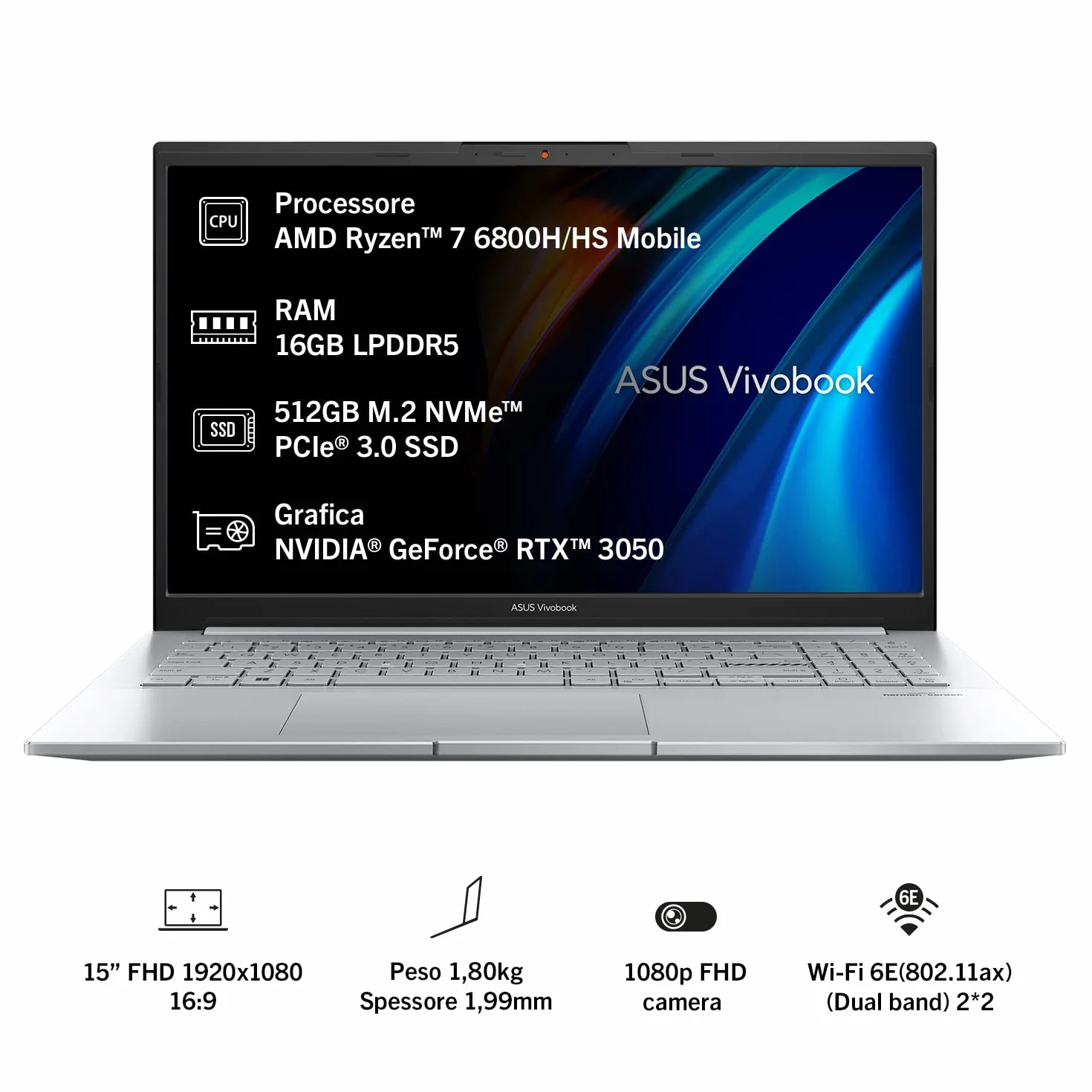 ASUS Vivobook Pro 15 M6500RC-HN058W notebook z ekranem 15,6" FHD Glossy, AMD Ryzen 7 6800H, RAM 16 GB, 512 GB SSD PCIE, NVIDIA GeForce RTX 3050, 4 GB GDDR6, Windows 11 Home, srebrny
