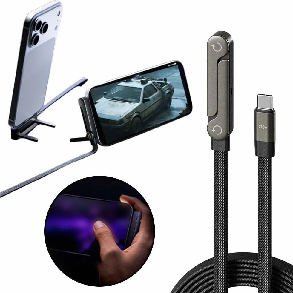 Kabel do ładowania z niewidocznym uchwytem, 65 W, super szybkie ładowanie, kabel do szybkiego ładowania 2 w 1 i wielokątny stojak na telefon do gier, biura, podróży samochodem, kabel do ładowania typu
