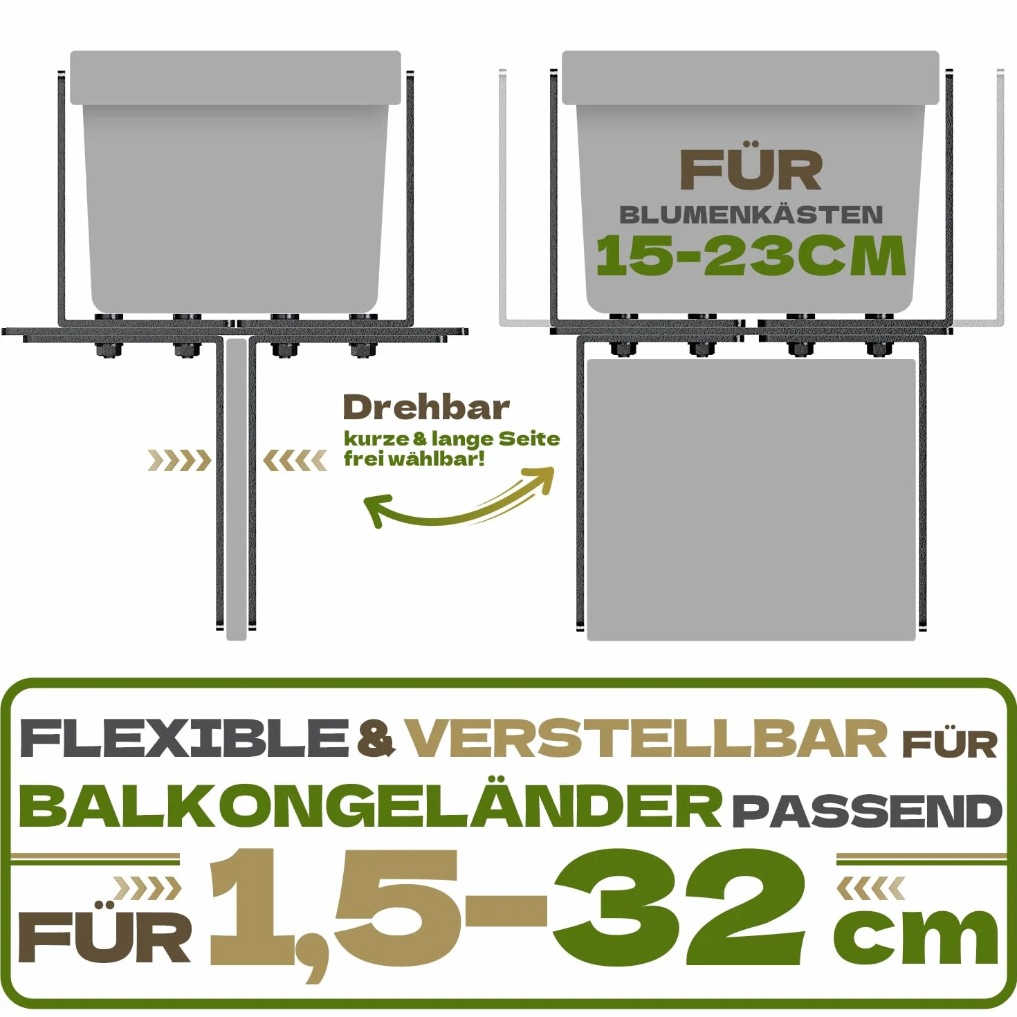 2 wsporniki do skrzynek na kwiaty w kształcie litery H, uchwyt na skrzynkę balkonową, bez wiercenia, odpowiednie do balustrad balkonowych od 1,5 do 32 cm i skrzynek na kwiaty 15-23 cm, wsporniki