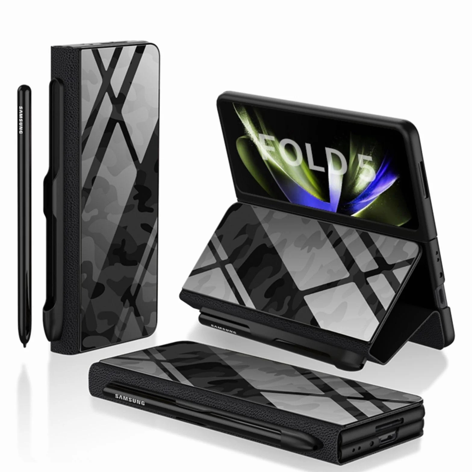 Custodia Etui do Z Fold5 etui z klapką + otwór na długopis, stojak, skóra folio, szklany blat, osłona przednia, etui na telefon komórkowy z klapką do Samsung Galaxy Z Fold5 (21)