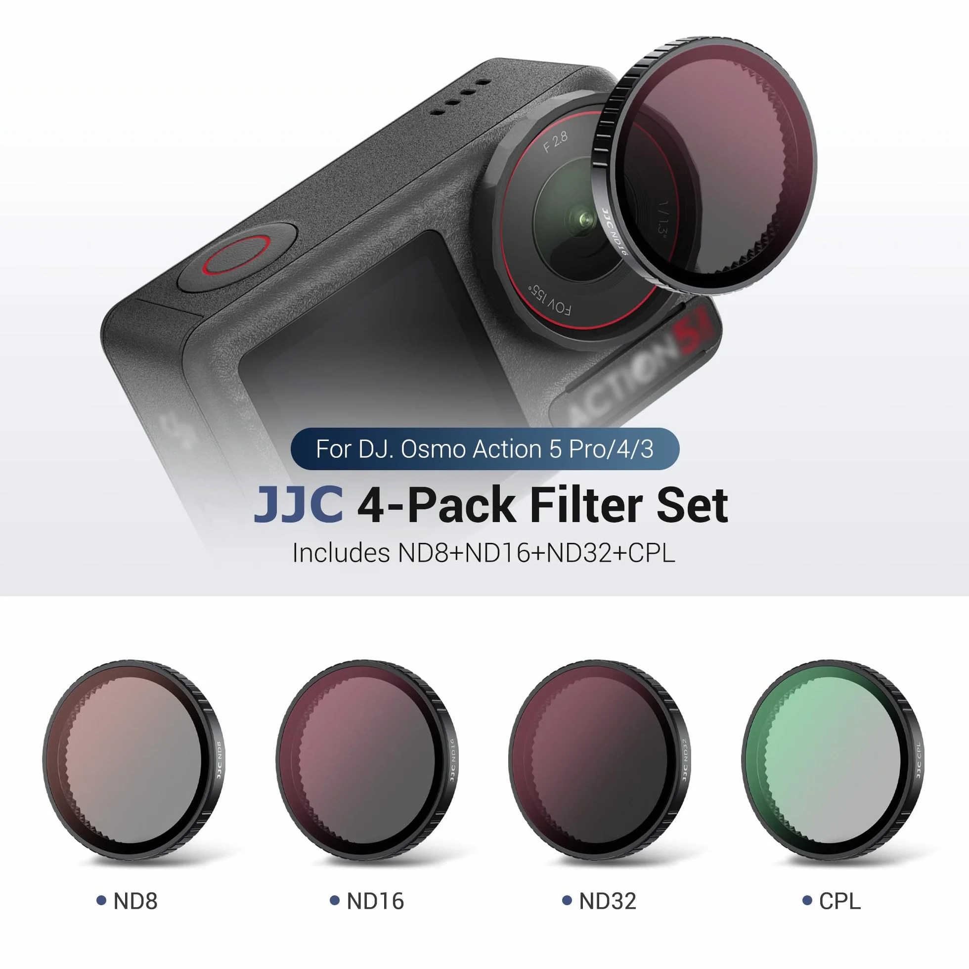 JJC Zatrzaskowy zestaw filtrów ND PL do DJI Osmo Action 5 4 3, CPL ND8 ND16 ND32 kompatybilny z akcesoriami DJI Action5, okrągły filtr polaryzacyjny o neutralnej gęstości, wielowarstwowa aluminiowa