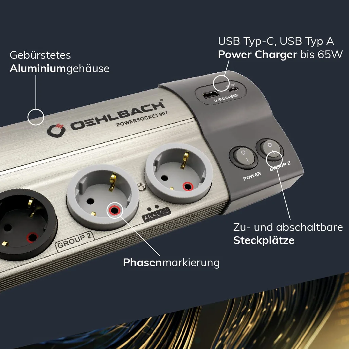 OEHLBACH Powersocket 907 MKII wysokiej jakości listwa zasilająca HiFi z filtrowaniem i ochroną przed przepięciem (2 gniazda USB – ładowarka USB-C 65 W Power i gniazdo USB-A) – szczotkowane aluminium