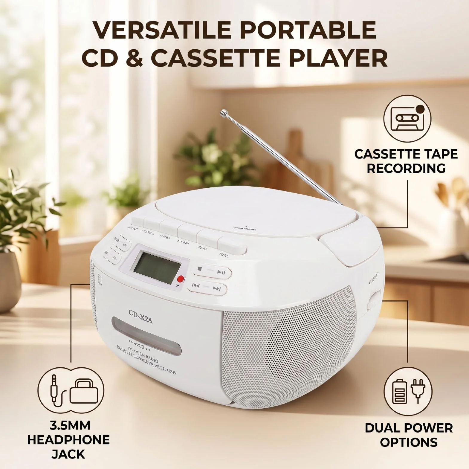 Przenośny Odtwarzacz CD Bluetooth, Magnetofon Combo z Radiem AM FM, USB, AUX, Pilotem do Użytku w Domu, Kuchni, Sypialni, na zewnątrz. (wtyczka UE)
