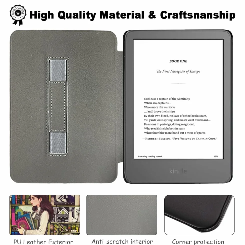 SCSVPN Dwustronne magnetyczne etui do Kindle 11. generacji 2022/2024, lekkie, wysokiej jakości skóra PU, twarda tylna obudowa z paskiem na rękę, automatyczne uśpienia/budzenie, do czytnika e-booków