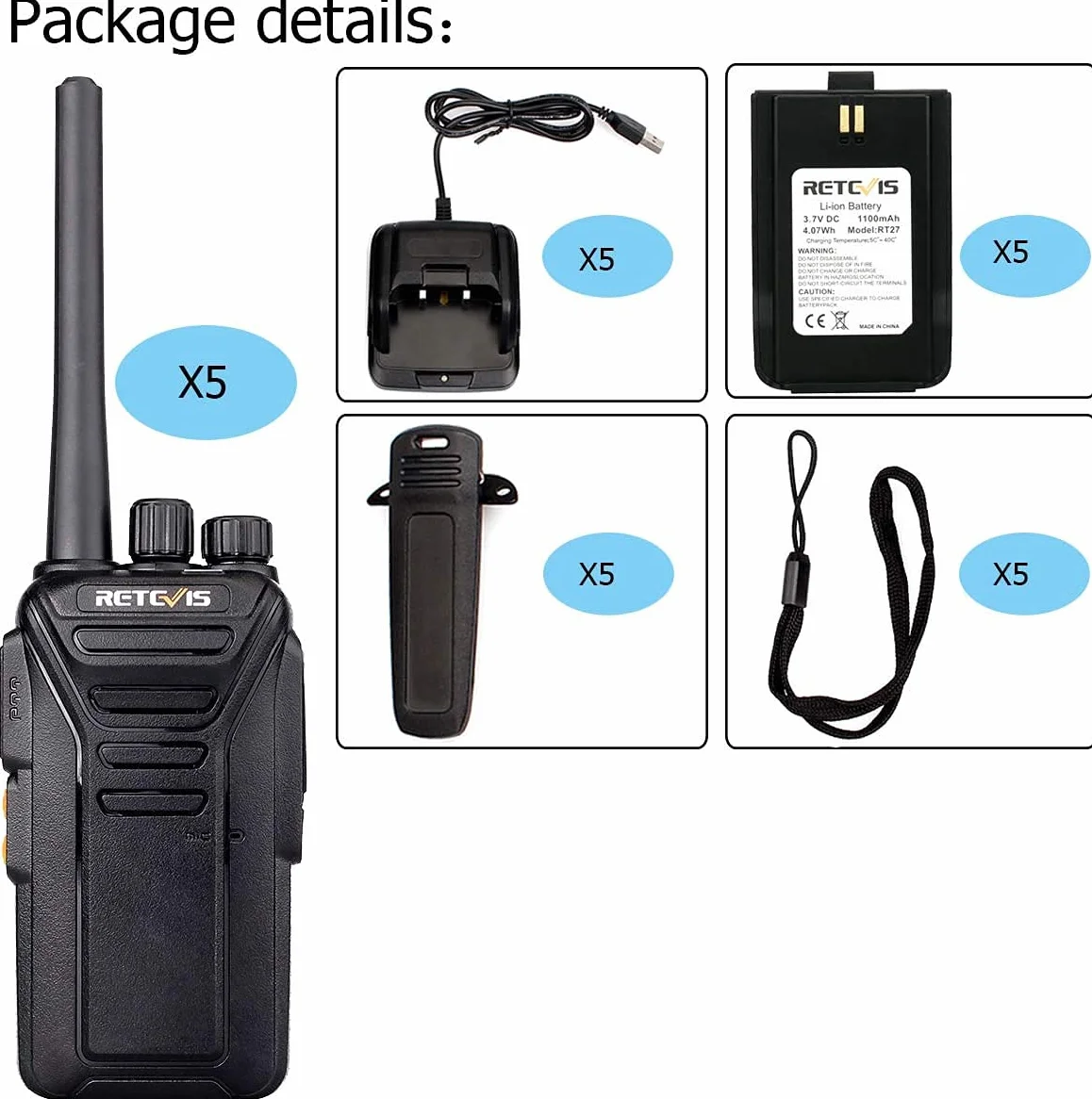 Retevis RT27 Handheld Walkie Talkies Akumulator Dalekiego Zasięgu 2-Drożny z CTCSS/DCS VOX do Airsoft Hiking Festival Planowanie Komunikacja Bezpieczeństwa (5 SztCzarny)