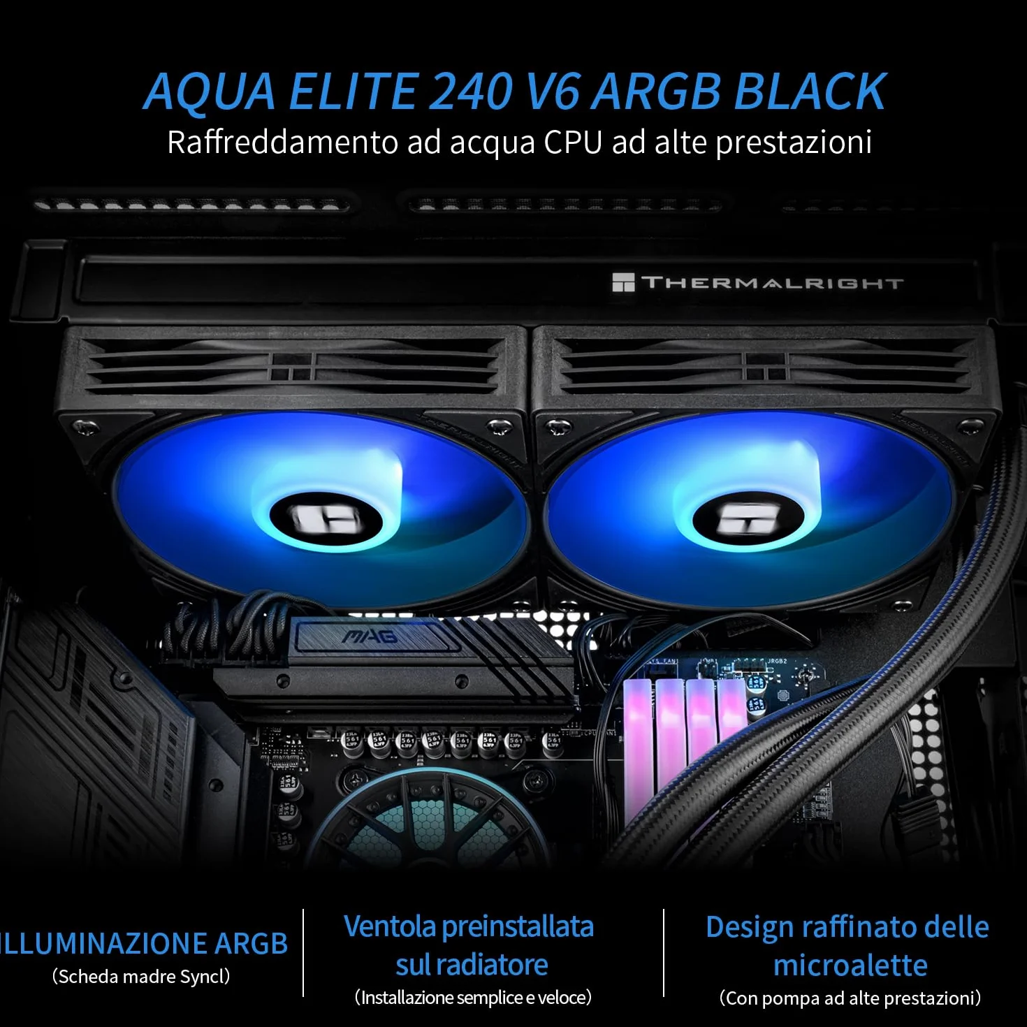 TR -AQUA ELITE 240 V6 ARGB Black AIO CPU Cooler, wentylatory chłodzące ARGB PWM z 2000 obr./min, dla Intel Lga1150/1151/1155/1156/1200/2011/1700/1851, AMD: AM4/AM5, etui 240mm AIO Radiator