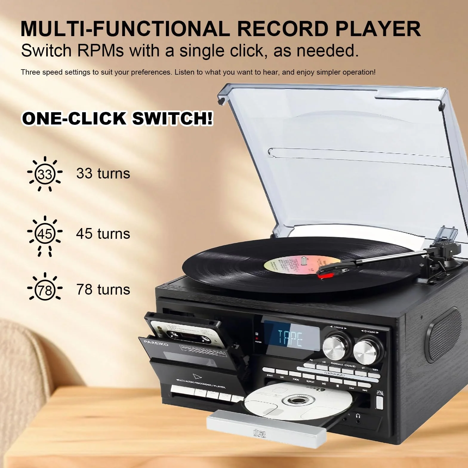 Gramofon winylowy, 9 w 1, gramofon vintage, 3-biegowa automatyczna do domowej rozrywki, odtwarzacz muzyki LP w stylu retro, system audio z wbudowanymi głośnikami