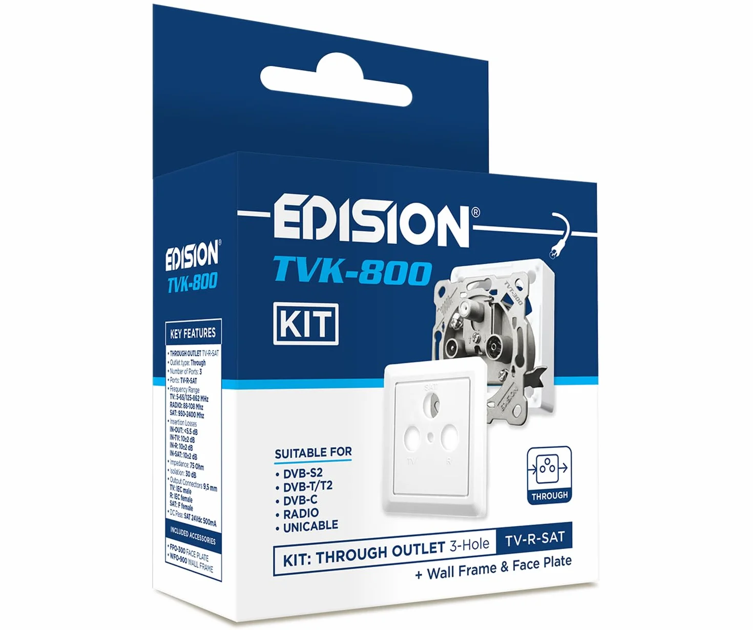 EDISION Gniazdo antenowe satelitarne TVK-800 Kit 3-otworowe DVB-S2 Unicable DVB-T/T2 DVB-C DC-Pass