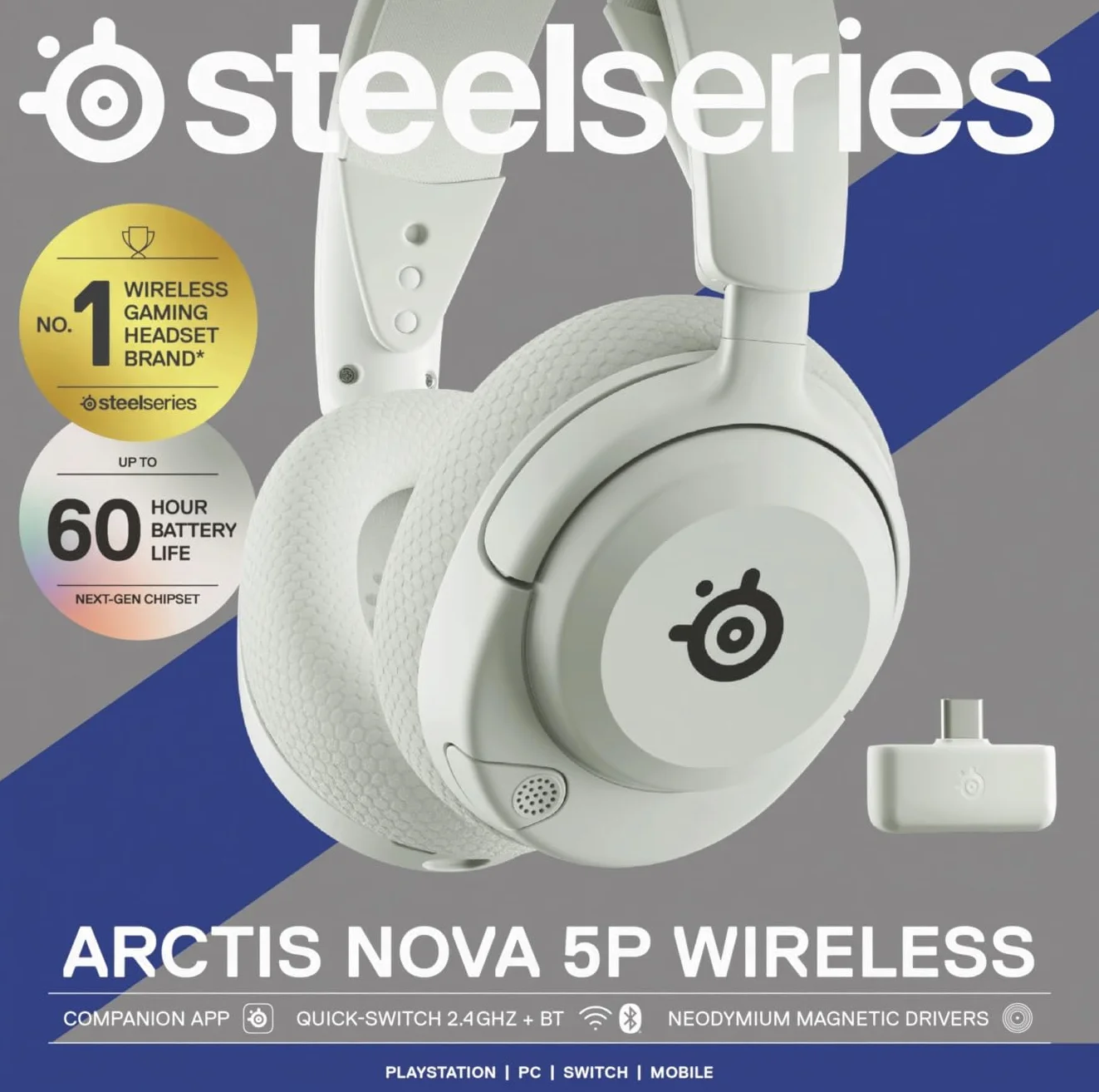 SteelSeries Arctis Nova 5P - Słuchawki wi-fi do gier - Neodymowe przetworniki magnetyczne - Ponad 100 ustawień wstępnych dźwięku - 60 godz baterii - 2,4 GHz lub BT - Mik. Gen2.X – PS5, PS4, PC,mobile