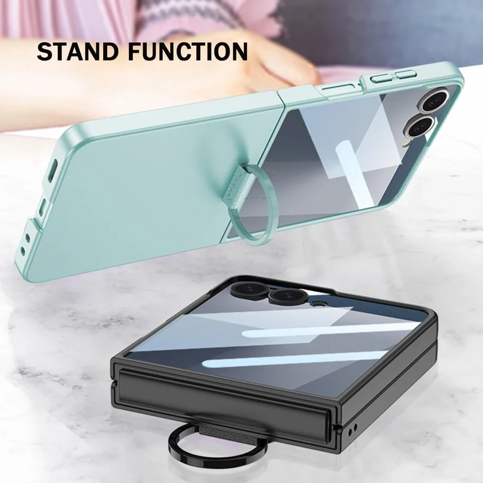 Etui do Samsung Galaxy Z Flip 7, osłona ekranu ze szkła hartowanego, etui na telefon z uchwytem pierścieniowym, stojak, smukłe twarde tworzywo PC, odporne na wstrząsy, niebieskie