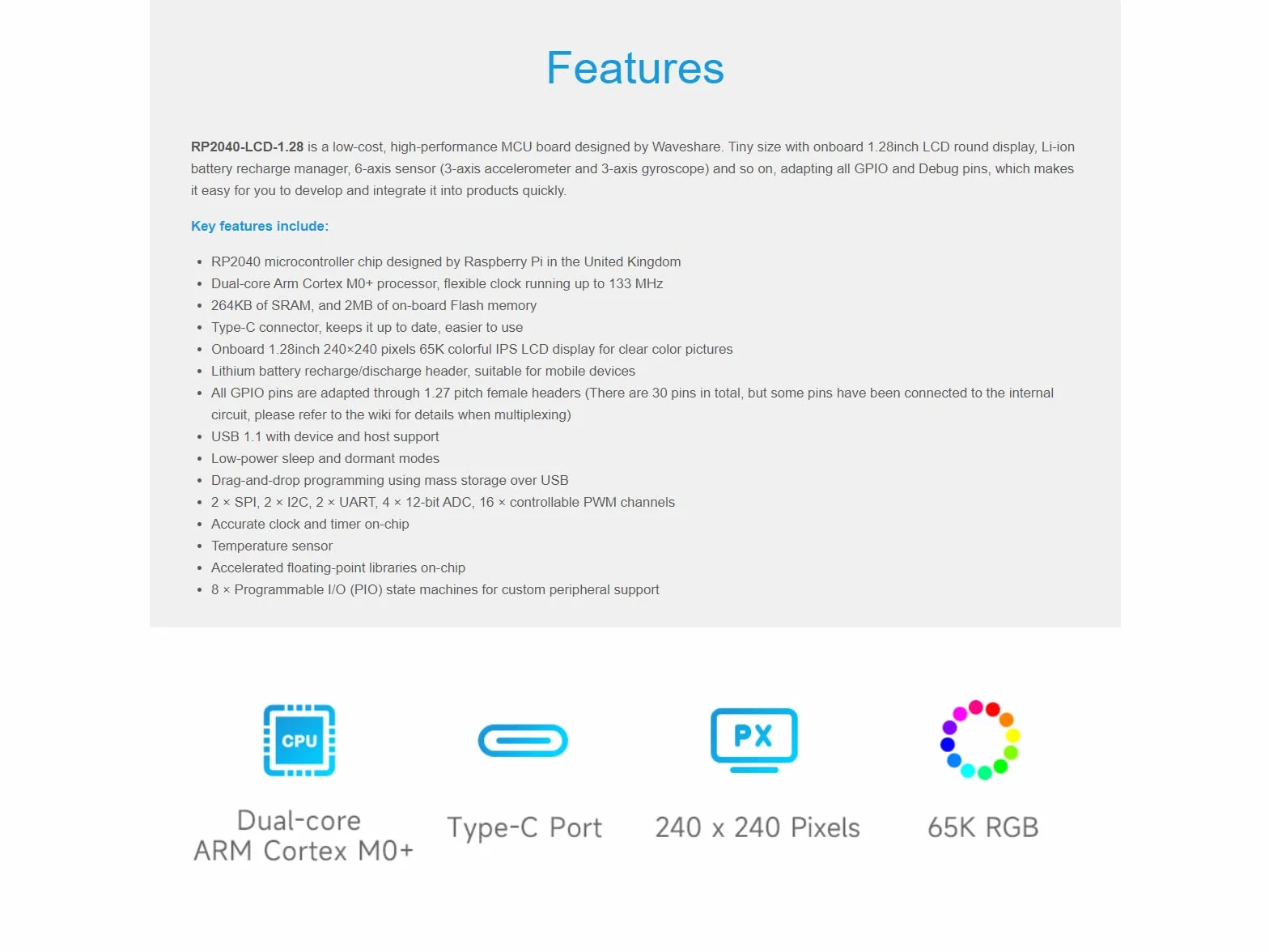 RP2040 mikrokontroler z okrągłym wyświetlaczem LCD 1,28”, 240 x 240 IPS 65 K RGB, bazuje na Raspberry Pi RP2040, procesor Dual-Core Arm z wbudowanym 6-osiowym czujnikiem IMU, złączem USB-C itd.