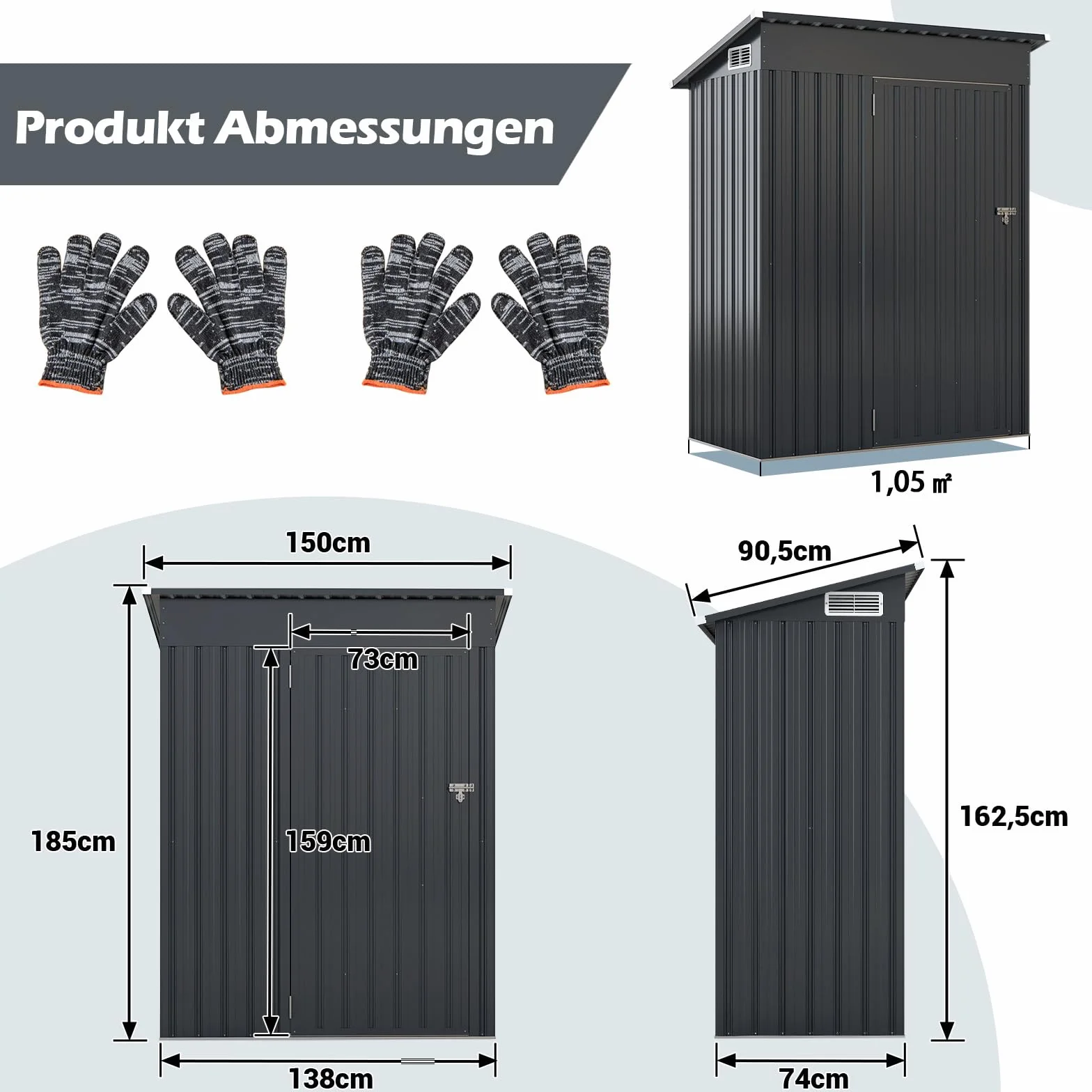 COSTWAY Domek ogrodowy metalowy, 150 x 90,5 x 185 cm | 1,5 m³, z dachem jednospadowym i drzwiami, szopa