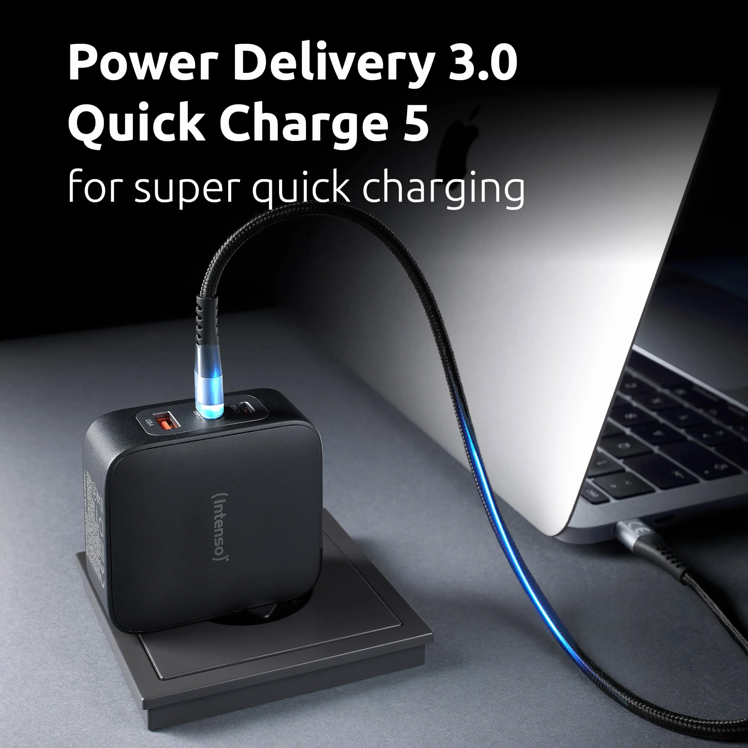 Intenso W100ACC+C520C, zestaw Power Adapter + kabel do ładowania, 100 W, szybkie ładowanie, GaN, 3 urządzenia jednocześnie, do laptopa, MacBooka, iPhone'a, Samsunga i innych, czarny
