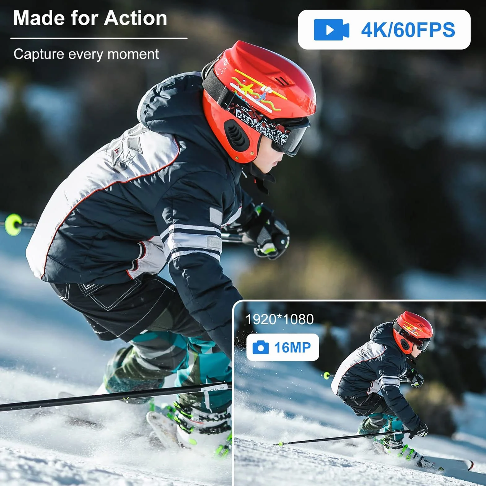 Alomejor Kamera sportowa 4K 60 kl./s, wodoodporna kamera z szerokokątnym obiektywem 170°, do sportów na świeżym powietrzu