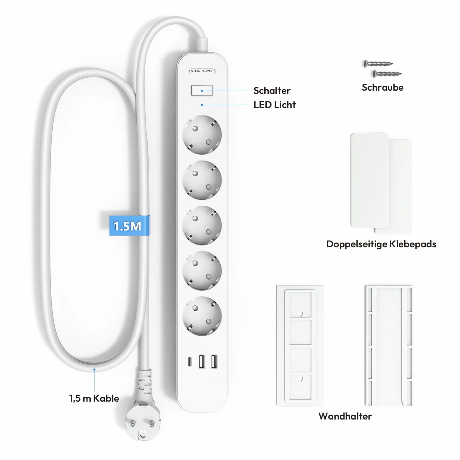 NTONPOWER Listwa zasilająca z 5 gniazdami USB C, wielokrotne gniazdko ścienne, kabel przedłużający, 1,5 m, biała