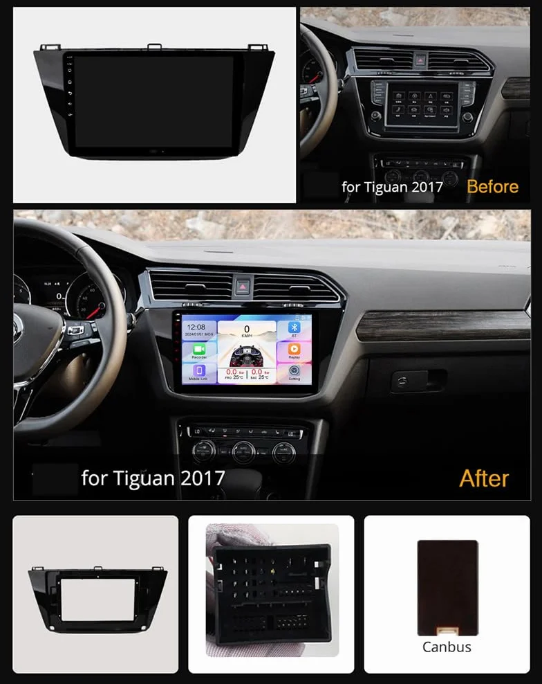 Radio samochodowe Android 15 2 DIN, 9-calowy ekran dotykowy, auto stereo do Tiguana 2017, odtwarzacz MP5 z Bluetooth CarPlay i Android Auto/FM AM RDS, sterowanie z kierownicy, 4-rdzeniowy Wi