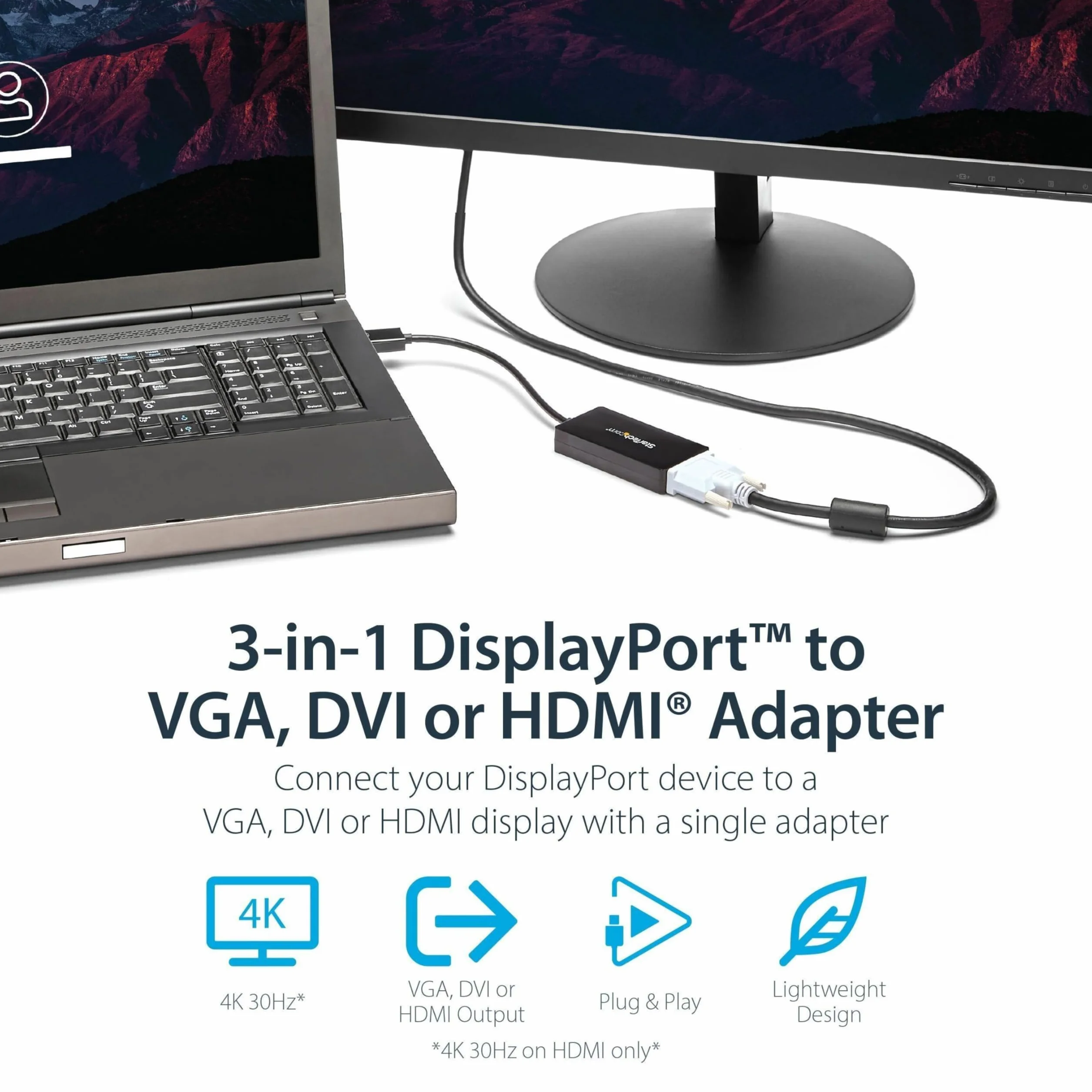 StarTech.com Konwerter 3 w 1 DisplayPort Multi Video - 1080p DP Laptop na HDMI VGA lub DVI monitor lub wyświetlacz projektora (DP2VGDVHD), VGA/DVI/HDMI (czarny)
