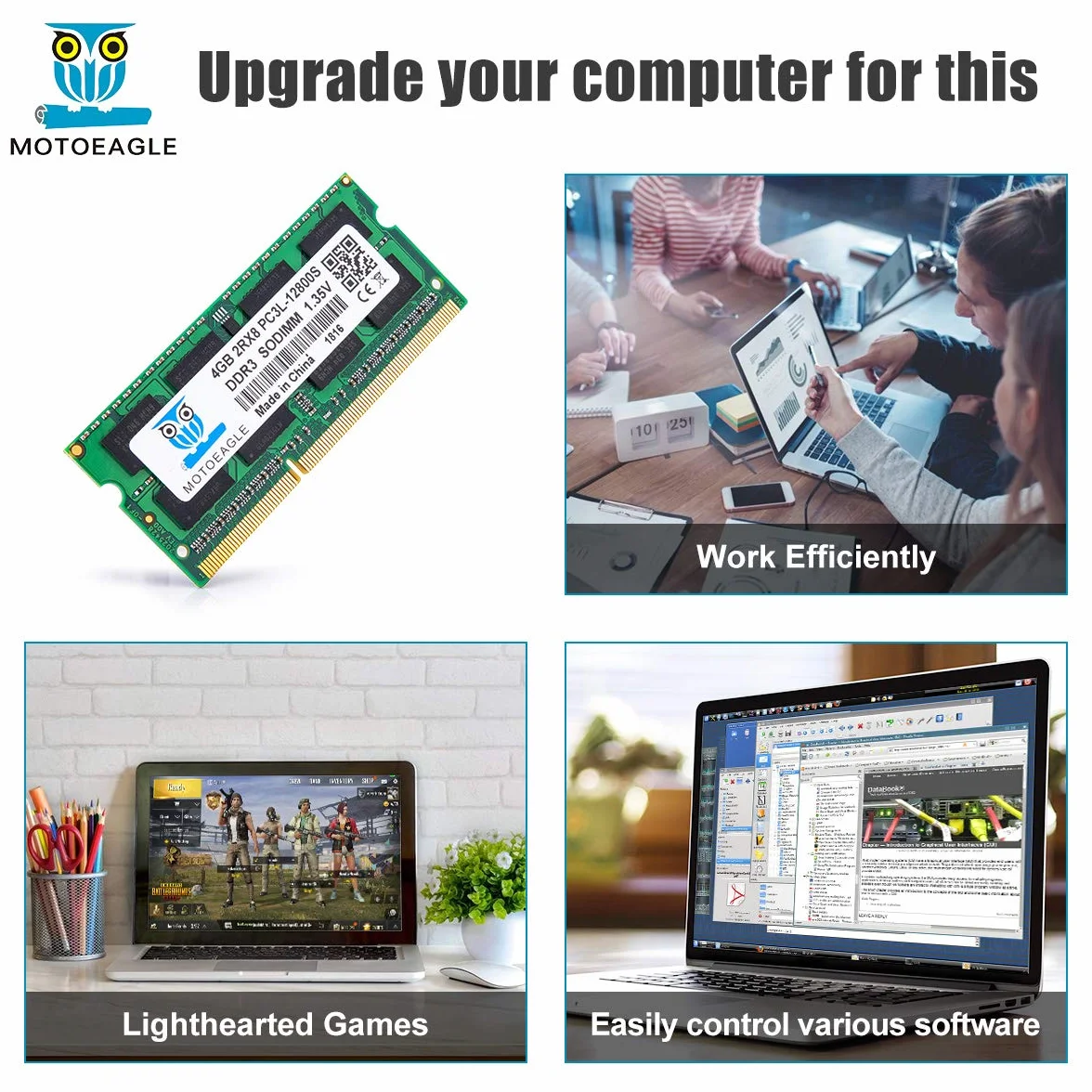 Motoeagle Pamięć operacyjna RAM do notebooka, 2 x 4 GB DDR3L-1600 SODIMM RAM, zestaw PC3 PC3L 12800S, 4 GB, 8 GB, 204-pinowa 2Rx8 DDR3 1600 MHz, niebuforowana, bez ECC 1,35 V CL11 Dual Rank
