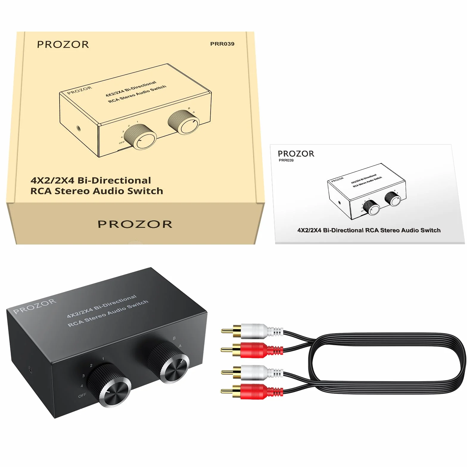 PROZOR 4 x 2/2 x 4 dwukierunkowy przełącznik audio - bez zasilania i wyłączania - metalowa obudowa ze złotymi złączami do systemu audio