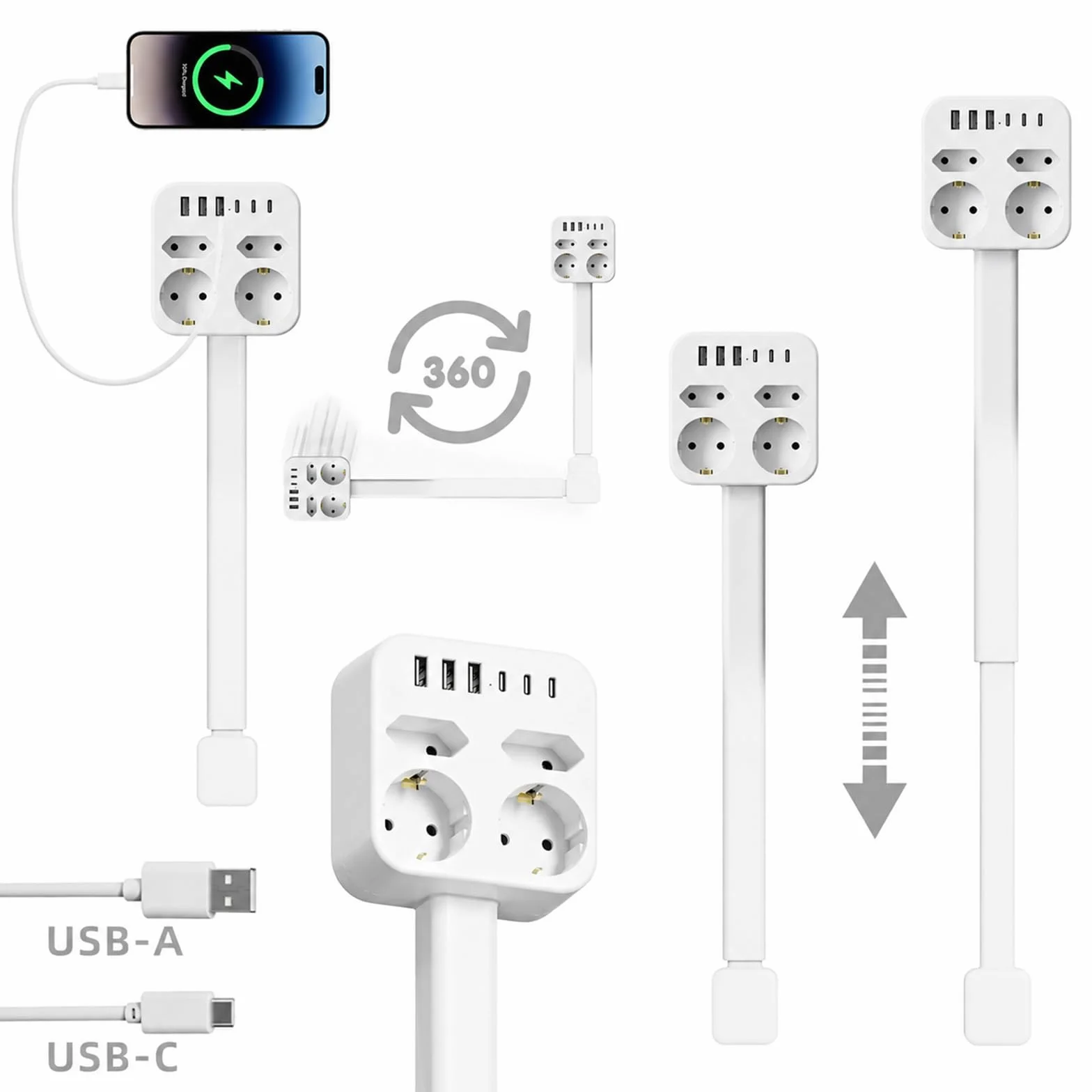 Przedłużenie gniazdka wtykowego, wysuwane, 45-65 cm, rozszerzalna listwa zasilająca | Z 3 USB-C i USB-A, obracany o 360° do sofy, łóżka, biurka, płaskiego gniazdka z ochroną przed przepięciem