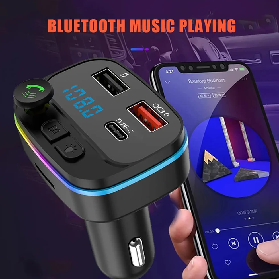 Nadajnik FM, adapter samochodowy Bluetooth, odtwarzacz muzyczny MP3,2 porty USB 5V/3A, szybka ładowarka samochodowa PD 20 W QC3.0 + typ C, połączenie głośnomówiące, obsługa karty TF/USB