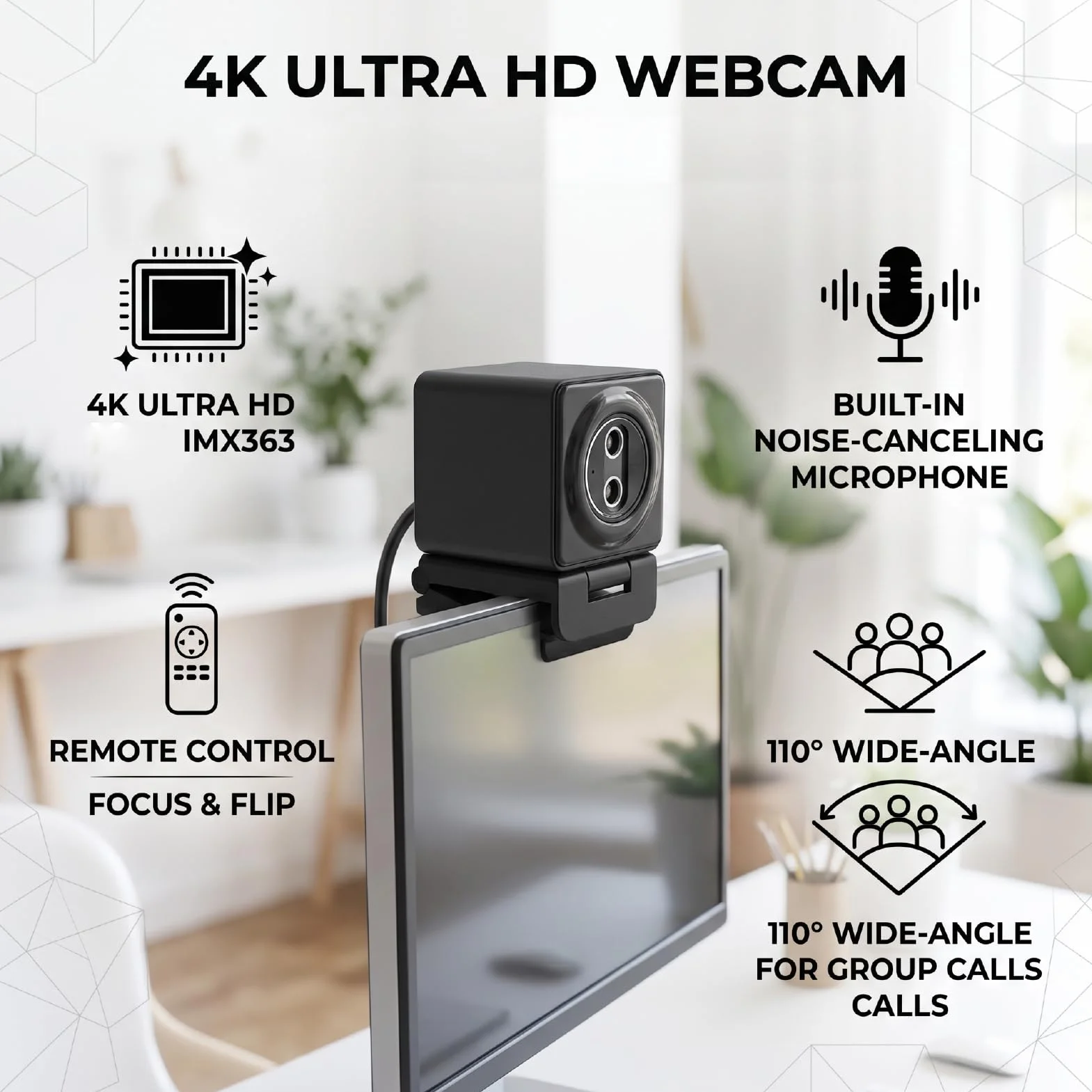ZJchao Kamera Internetowa Plug and Play z Pilotem, Czujnik CMOS 4K, Szeroki Kąt 110°, Mikrofon z redukcją Szumów do Wideokonferencji, Transmisji na żywo, Nauczania Online (BLACK)