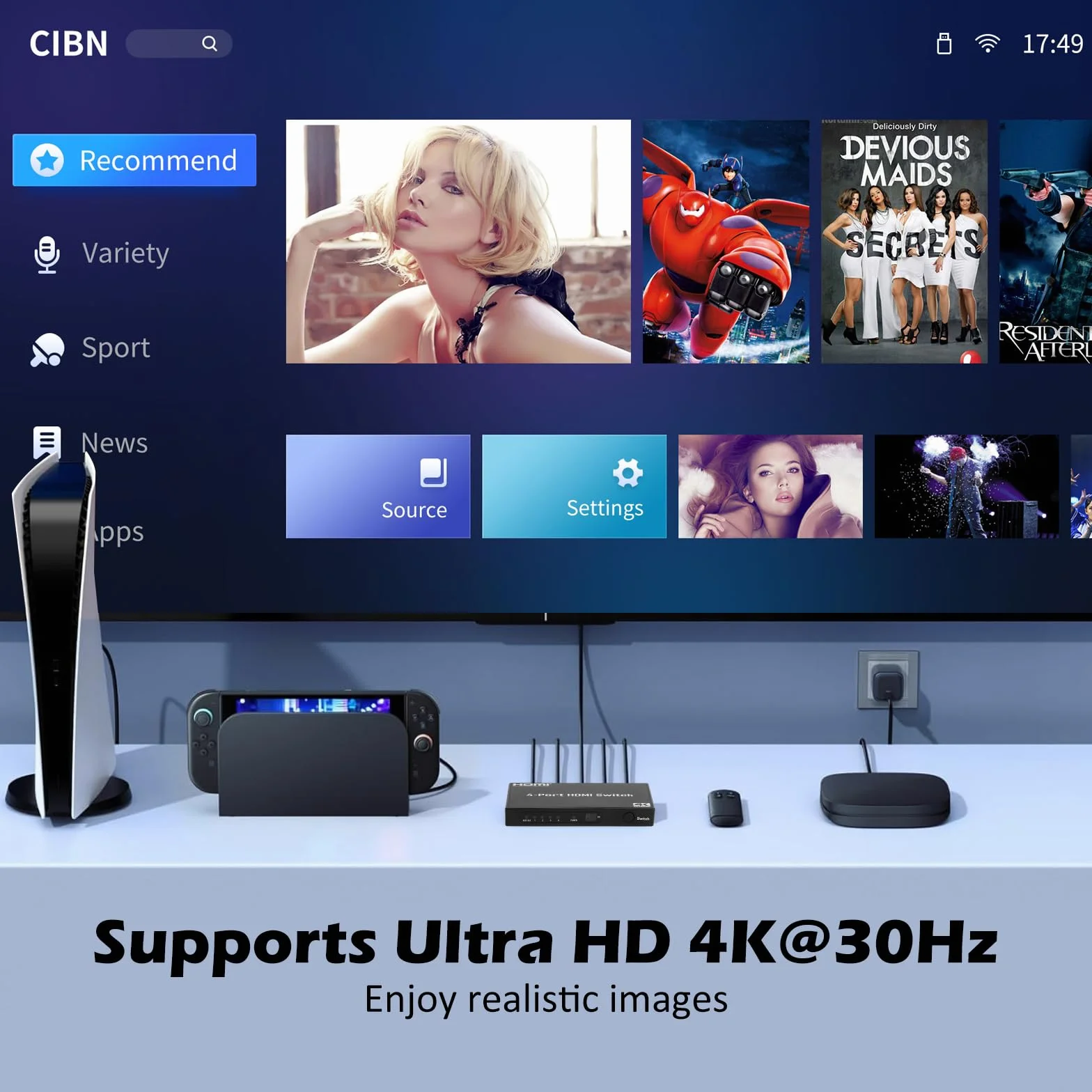 Przełącznik HDMI 4K 30 Hz, 4 K HDMI Switch 4 w 1, przełącznik HDMI z pilotem zdalnego sterowania, 4 porty HDMI Selector Box Support HDCP 1.4 HDR 3D, kompatybilny z PS5/4, Xbox, Apple TV, Skybox