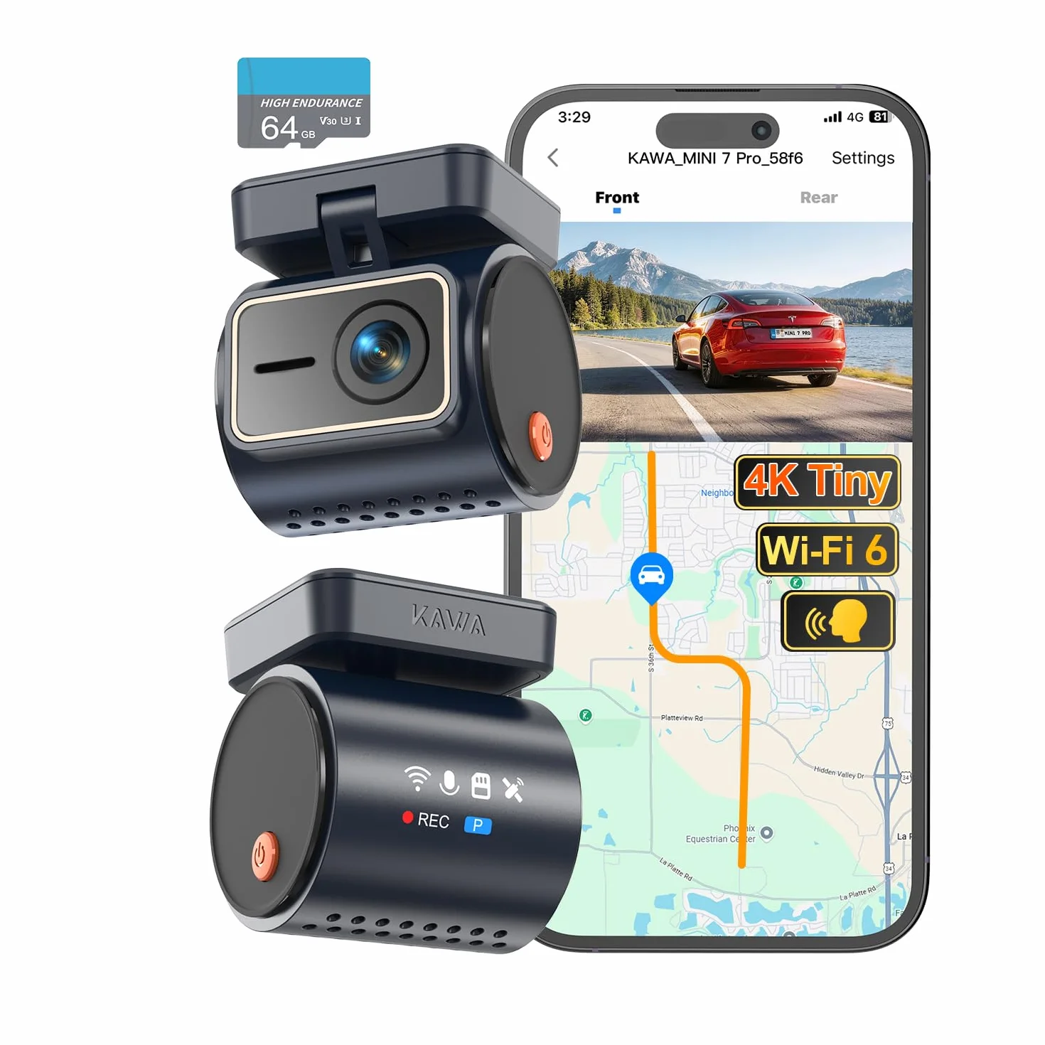 KAWA 4K Mini Kamera Samochodowa z Ukrytym Wyświetlaczem, GPS i WiFi 6 | 2K HDR, Widzenie Nocne, APP, G-Sensor, Nagrywanie Pętla, 24/7 Park, 256GB